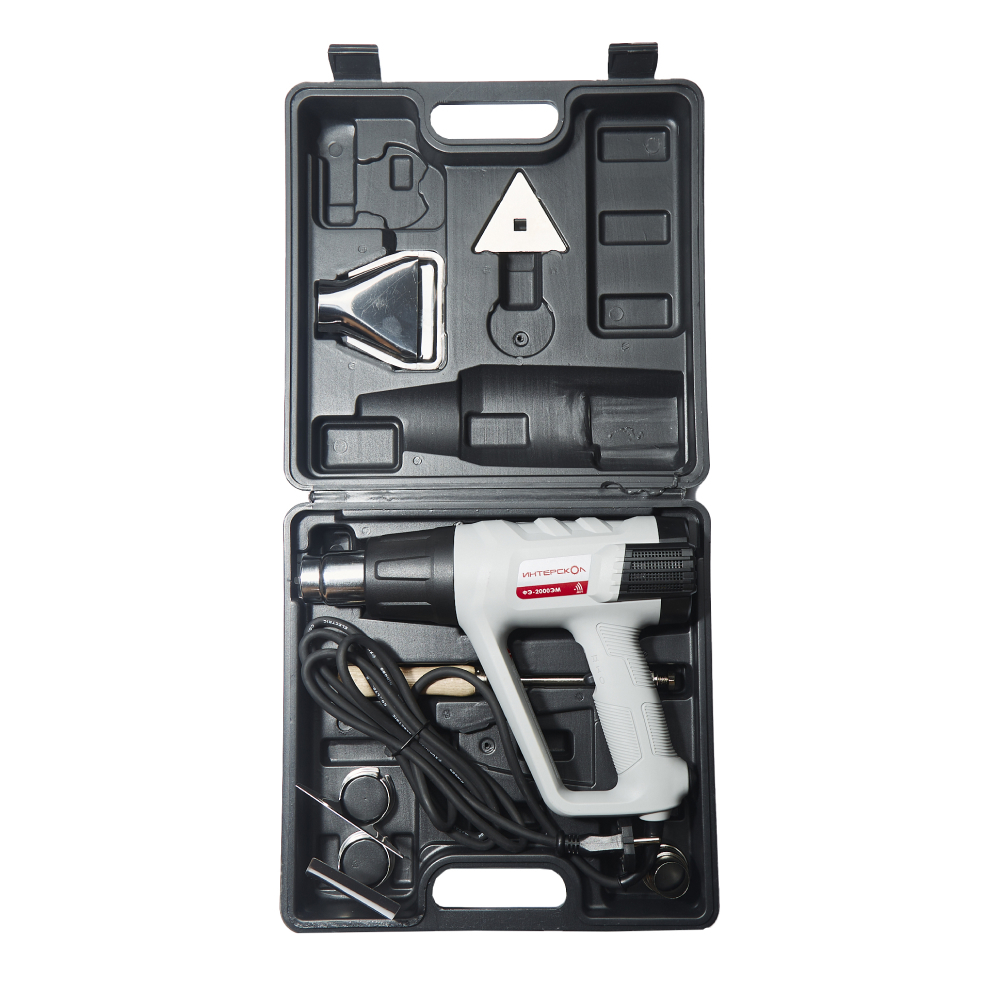 Строительный фен ИНТЕРСКОЛ ФЭ-2000ЭМ,2000 Вт, 600°С, 500 л/мин, кейс, 4 насадки, 385.0.1.00