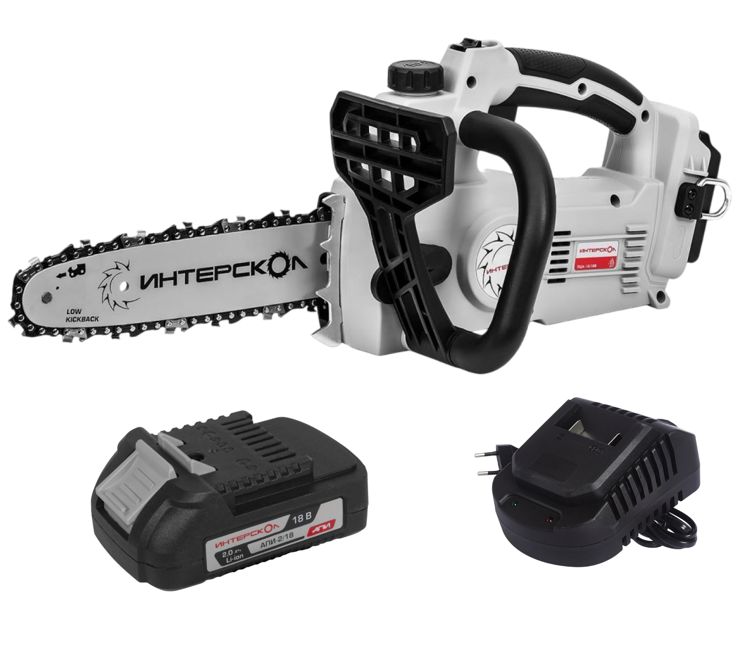 Аккумуляторная цепная пила ИНТЕРСКОЛ ПЦА-10/18В, 18 В, 25.4 см, 10 м/с, с АКБ 2 Ач и ЗУ (696.1.0.70-B2C)