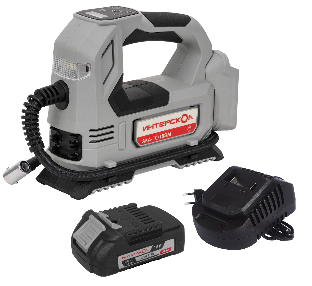 Аккумуляторный компрессор ИНТЕРСКОЛ АКА-10/18ЭМ, 18 В, 10.3 бар, с АКБ 2 Ач и ЗУ