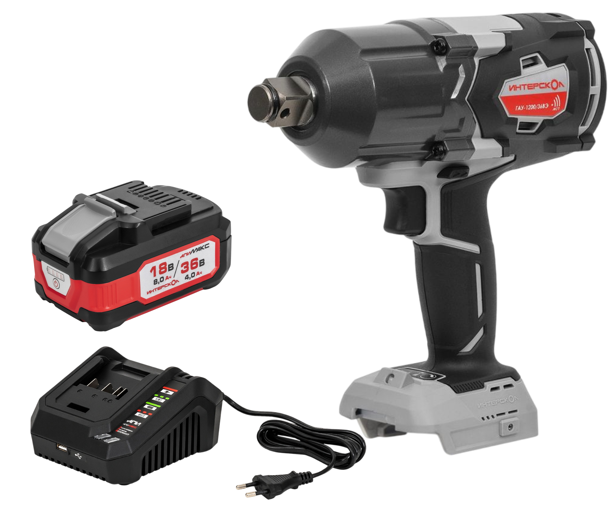 Аккумуляторный гайковерт ИНТЕРСКОЛ ГАУ-1200/36ВЭ, 36 В, 1200 Hм, 2050 уд/мин, с АКБ 4 Ач и ЗУ (819.1.0.70-B4C)