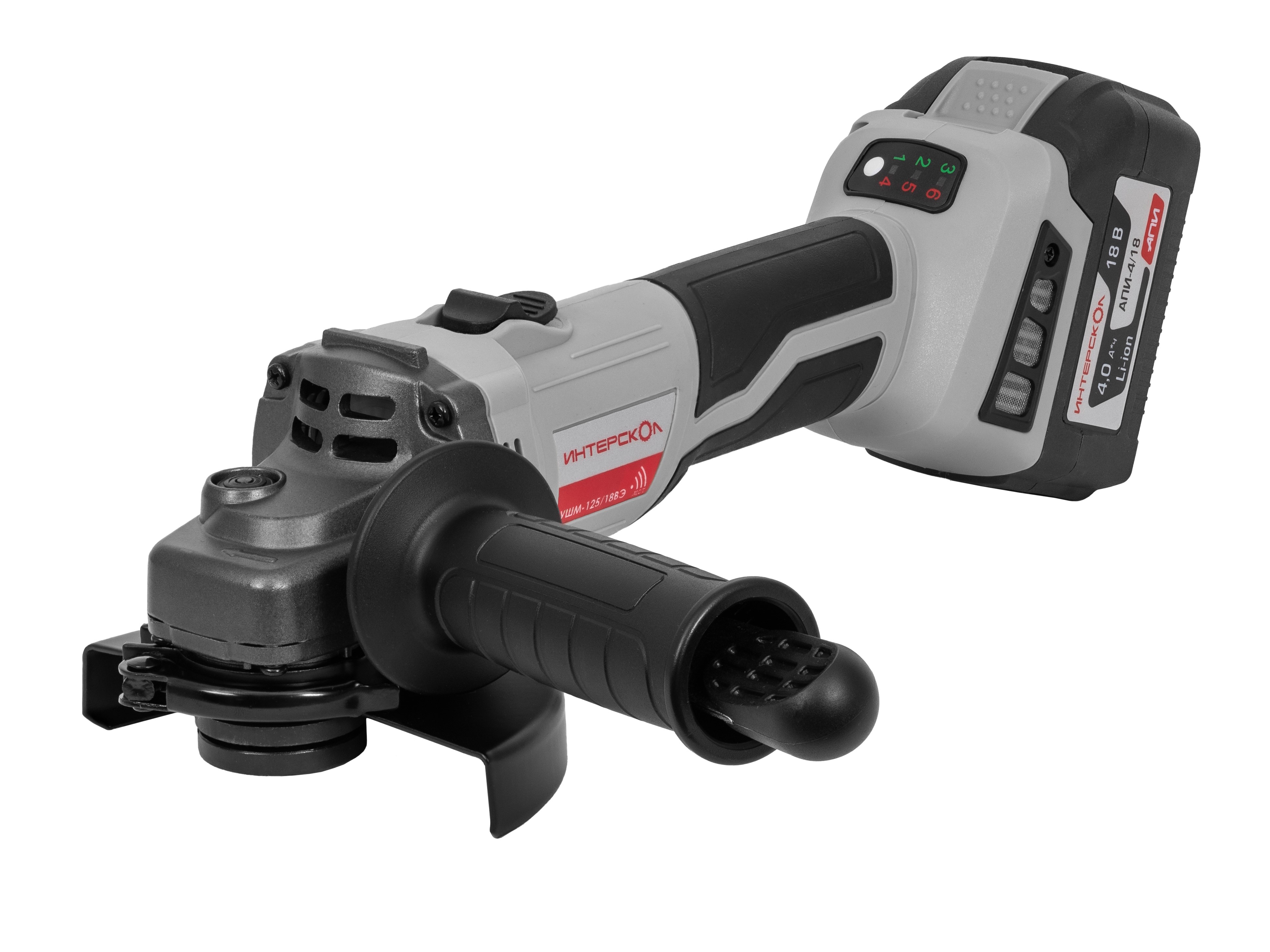 Аккумуляторная угловая шлифмашина ИНТЕРСКОЛ УШМ-125/18ВЭ, 18 В, 125 мм, 8500 об/мин, с АКБ 4 Ач и ЗУ, в кейсе (684.4.1.70)