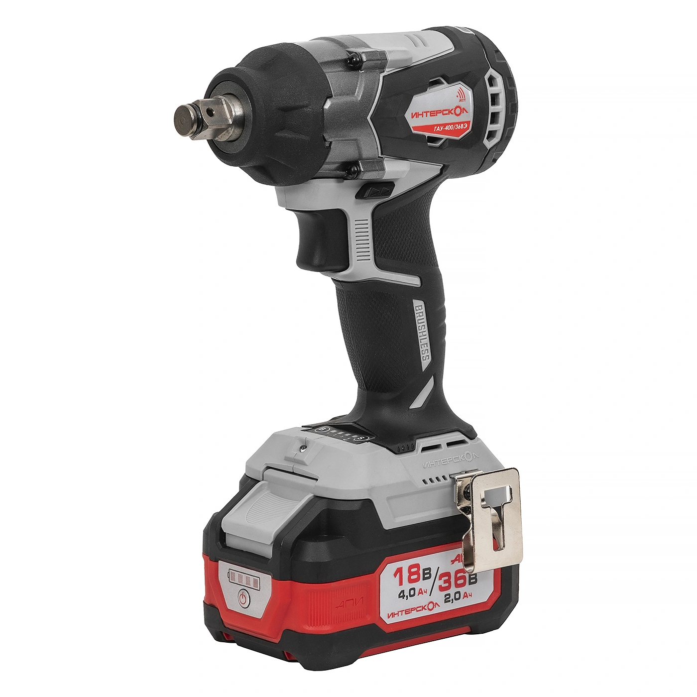 Аккумуляторный гайковерт ИНТЕРСКОЛ ГАУ-400/36ВЭ, 36 В, 400 Нм, 3200 уд/мин, c 2 АКБ 2 Ач и ЗУ в кейсе (УЦЕНЕННЫЙ ТОВАР) (859.2.2.70/U)