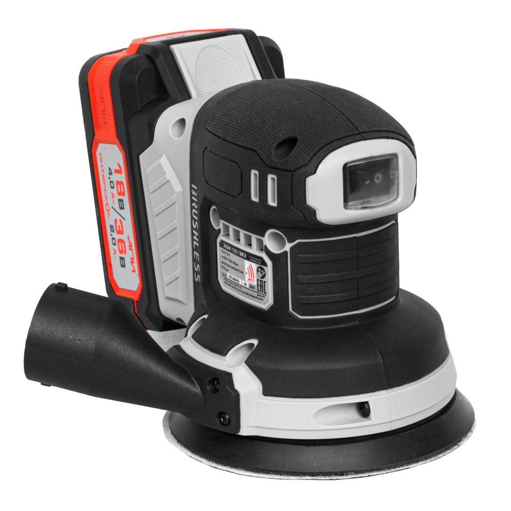 Эксцентриковая шлифмашина ИНТЕРСКОЛ ЭШМ-125/18ВЭ 2,0, 18 В, 125 мм, 20000 кол/мин, с АКБ 2 Ач и ЗУ