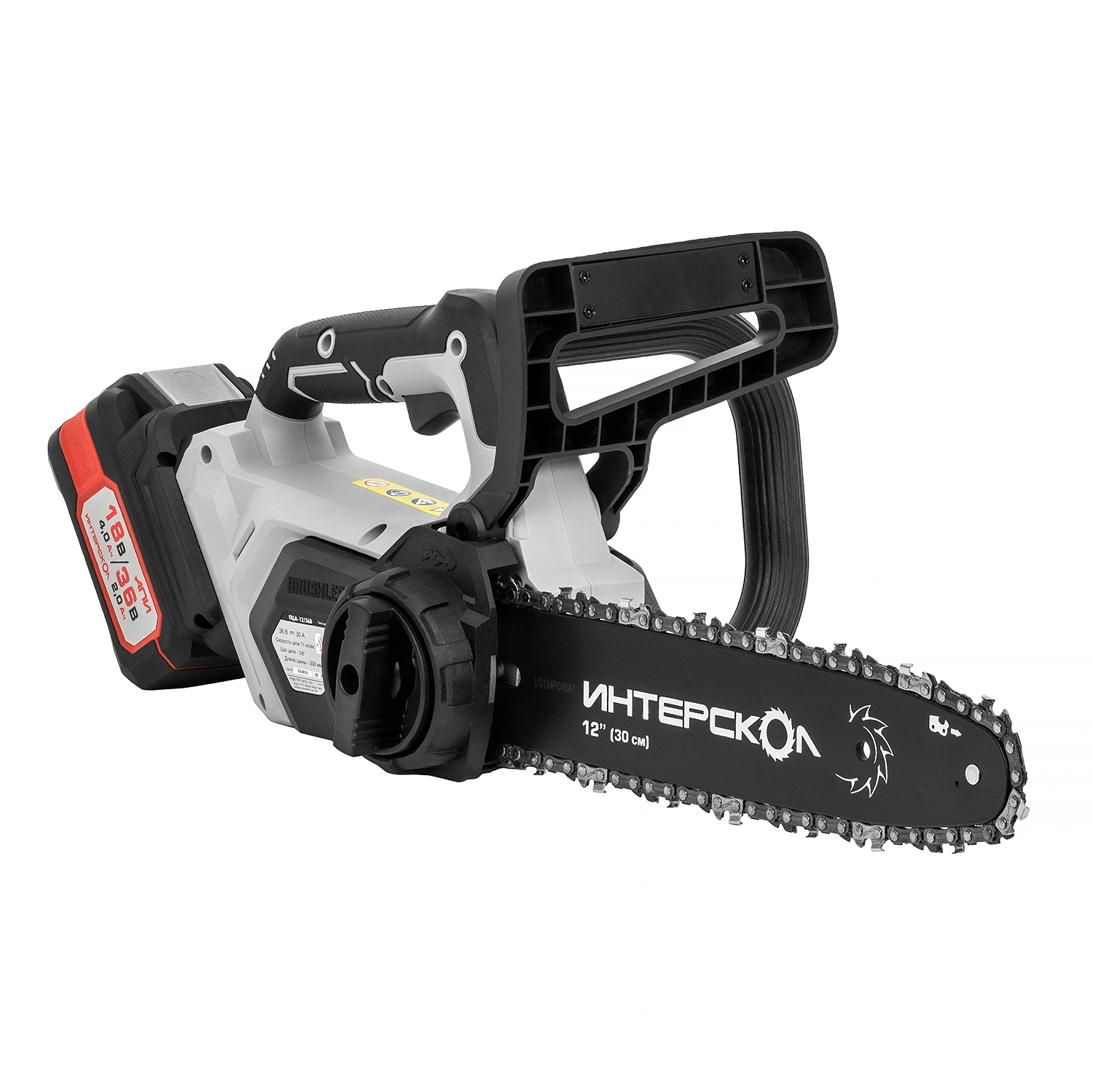 Аккумуляторная цепная пила ИНТЕРСКОЛ ПЦА-12/36В, 36 В, 30 см, 11 м/с, с 2 АКБ 2 Ач и ЗУ (824.2.2.70)