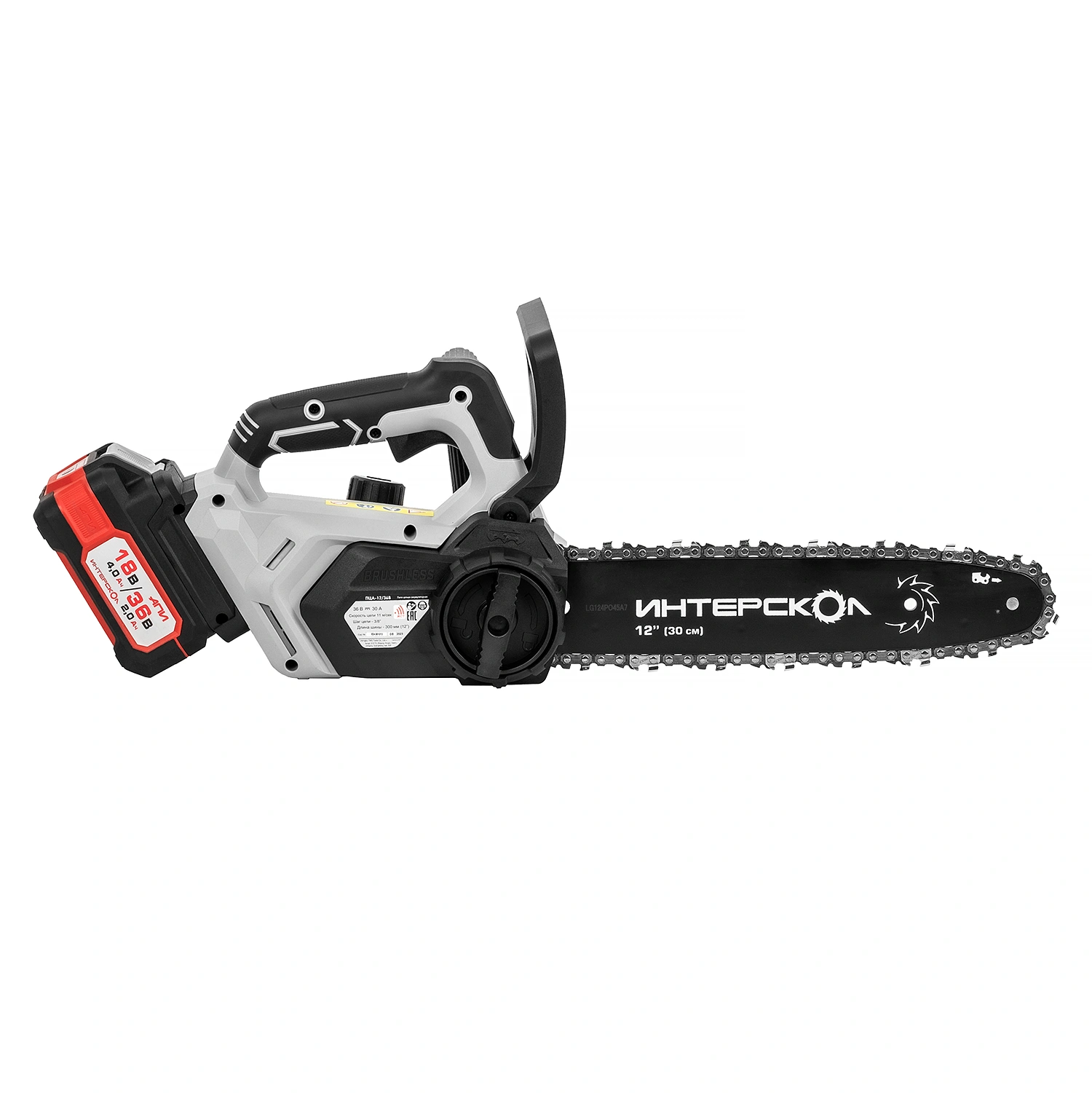 Аккумуляторная цепная пила ИНТЕРСКОЛ ПЦА-12/36В, 36 В, 30 см, 11 м/с, с 2 АКБ 2 Ач и ЗУ (824.2.2.70)