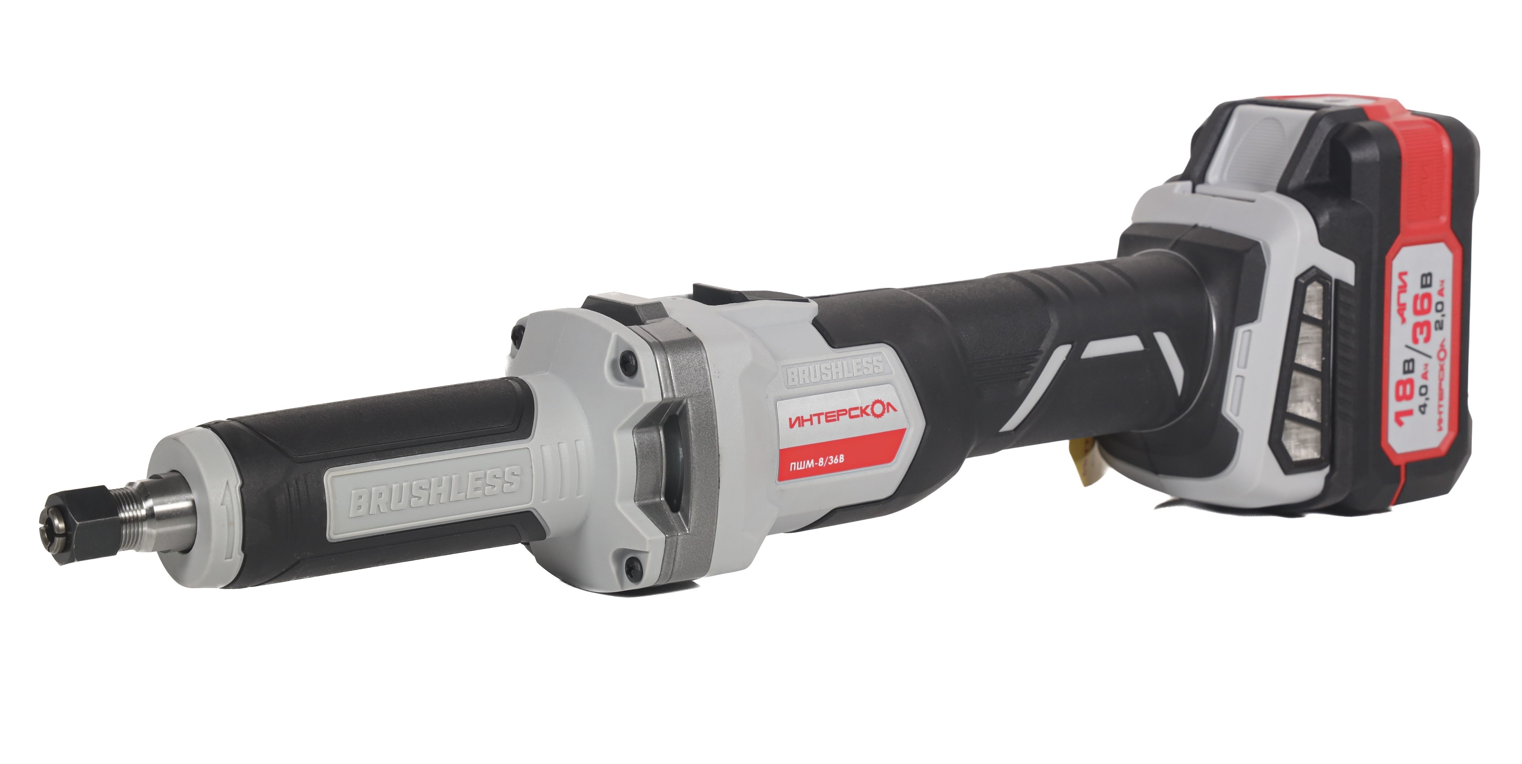 Аккумуляторная прямошлифовальная машина ИНТЕРСКОЛ ПШМ-8/36В, 36 В, 55 мм, 20000 об/мин, с 2 АКБ 2 Ач и ЗУ, в кейсе (821.2.2.70)