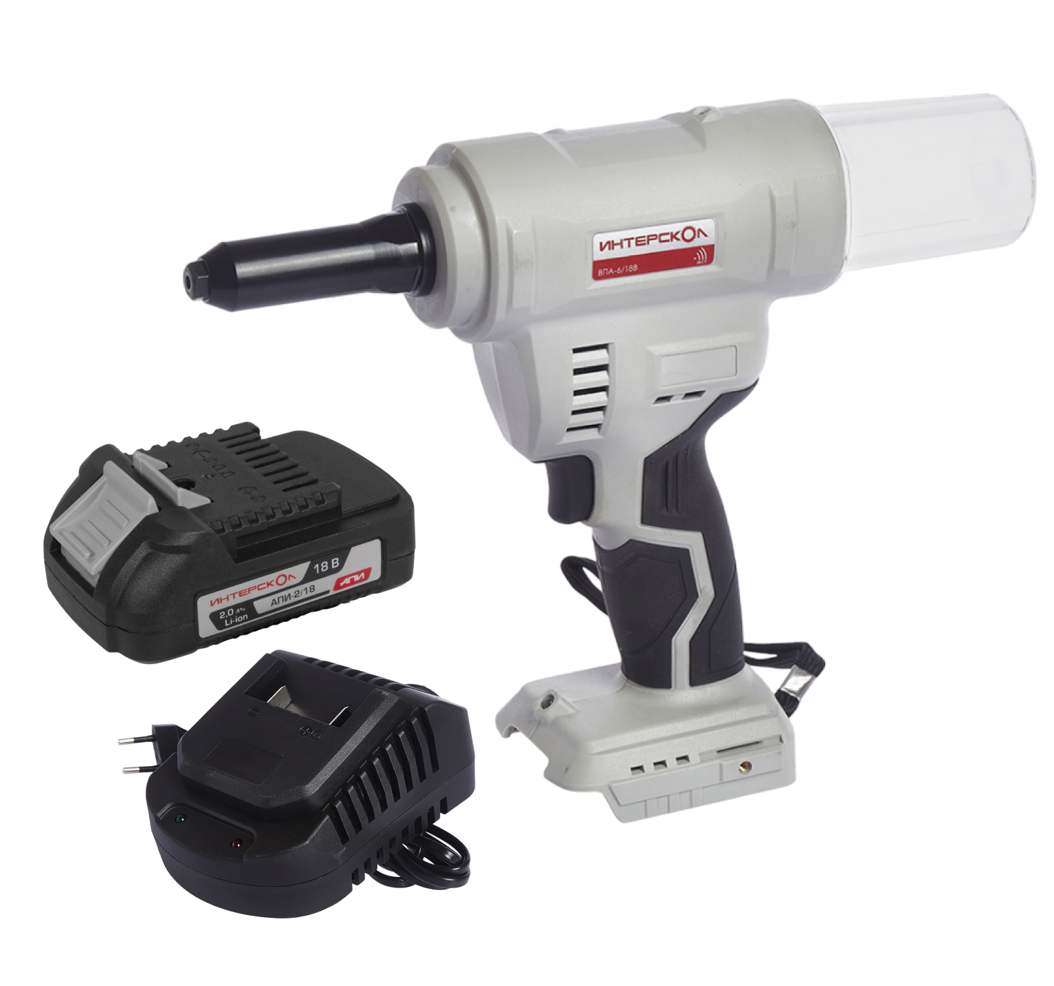 Аккумуляторный заклепочный пистолет ИНТЕРСКОЛ ВПА-6/18В, АПИ, с АКБ 2 Ач и ЗУ (646.1.0.70-B2C)