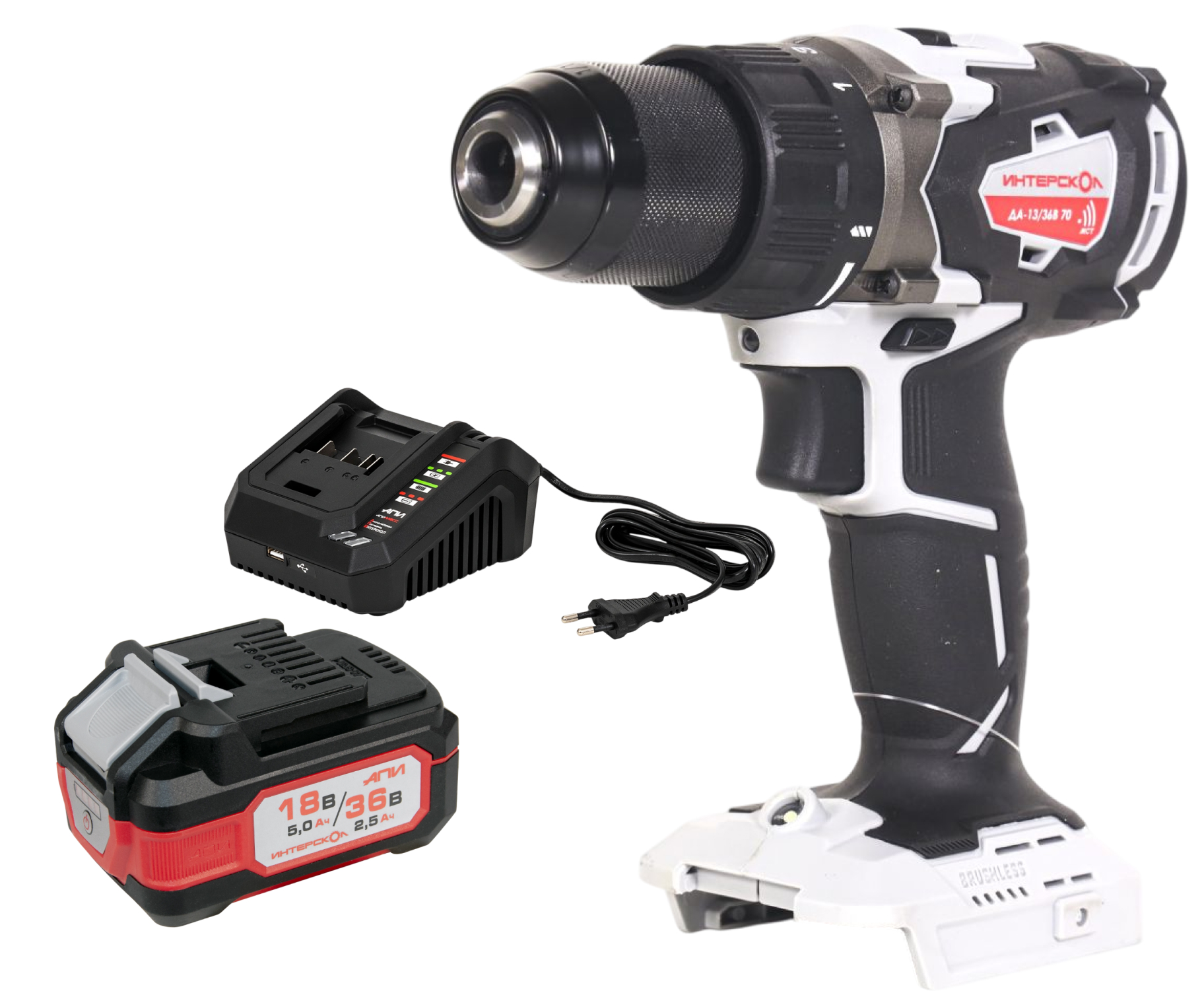 Аккумуляторная дрель-шуруповерт ИНТЕРСКОЛ ДА-13/36В 70, 36 В, 1900 об/мин, с АКБ 2.5 Ач и ЗУ (814.0.0.70-B25C)