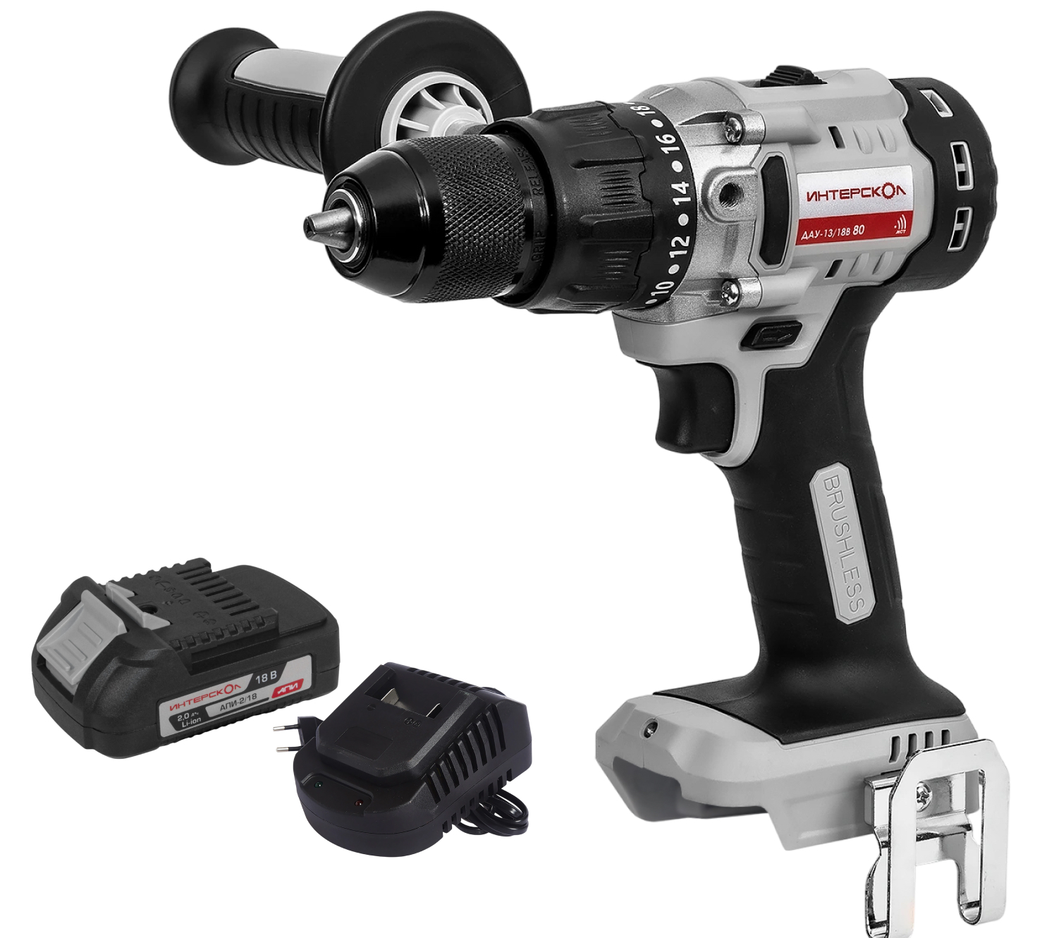 Аккумуляторная ударная дрель-шуруповерт ИНТЕРСКОЛ ДАУ-13/18В 80, 18 В, 1800 об/мин, с АКБ 2 Ач и ЗУ (786.0.0.70-B2C)