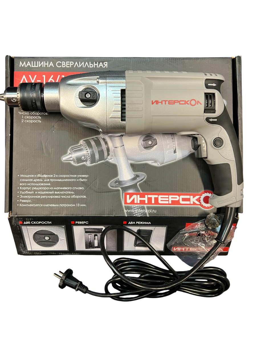 Ударная дрель ИНТЕРСКОЛ ДУ-16/1050ЭР, 1050 Вт, 2000 об/мин, 32000 уд/мин, (УЦЕНЕННЫЙ ТОВАР) (149.1.3.00/U)