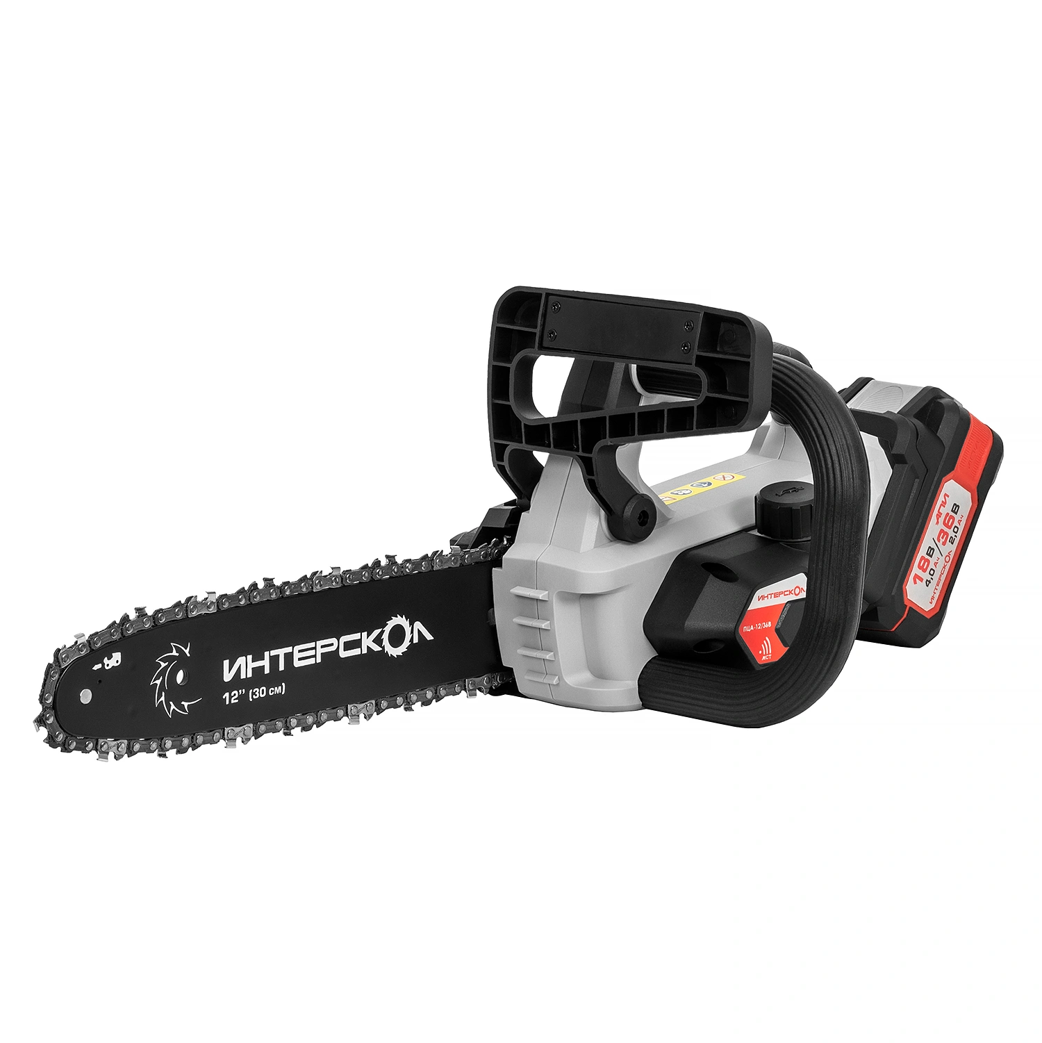 Аккумуляторная цепная пила ИНТЕРСКОЛ ПЦА-12/36В, 36 В, 30 см, 11 м/с, с 2 АКБ 2 Ач и ЗУ (824.2.2.70)