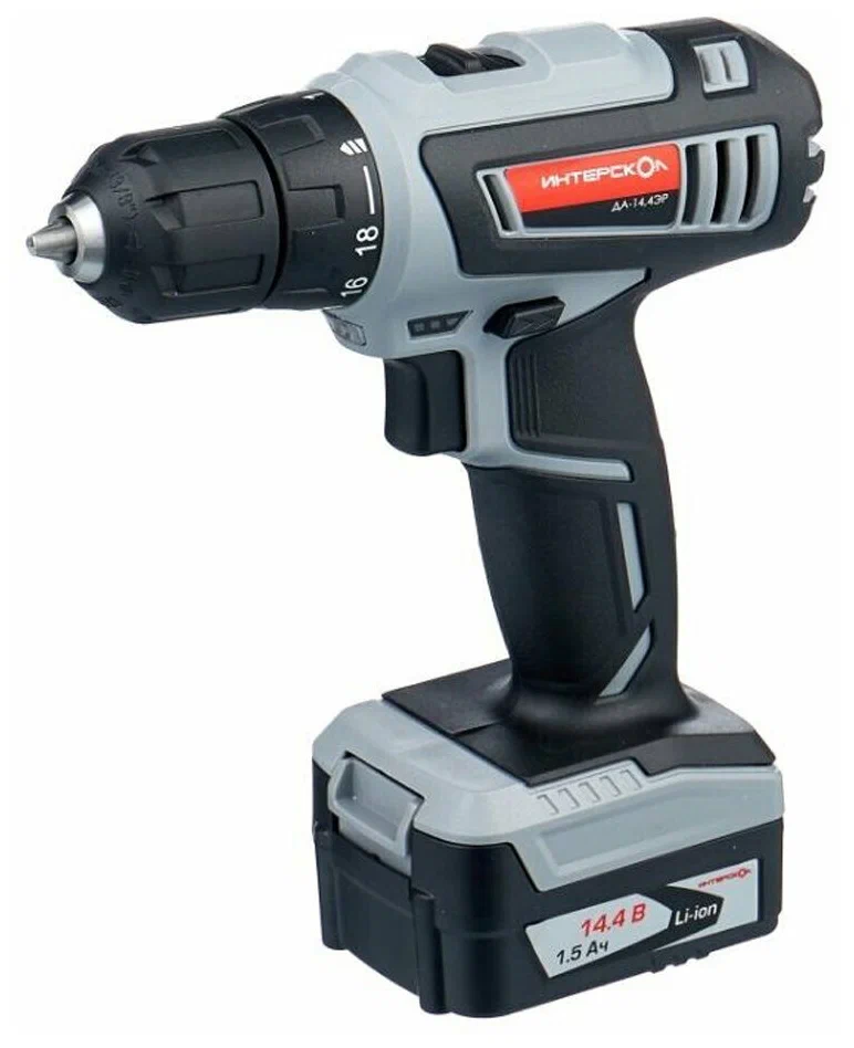 Аккумуляторная дрель-шуруповерт ИНТЕРСКОЛ ДА-14,4ЭР32, 14.4 В, 1400 об/мин, с 2 АКБ 1.5 Ач и ЗУ, в кейсе (596.3.2.23)