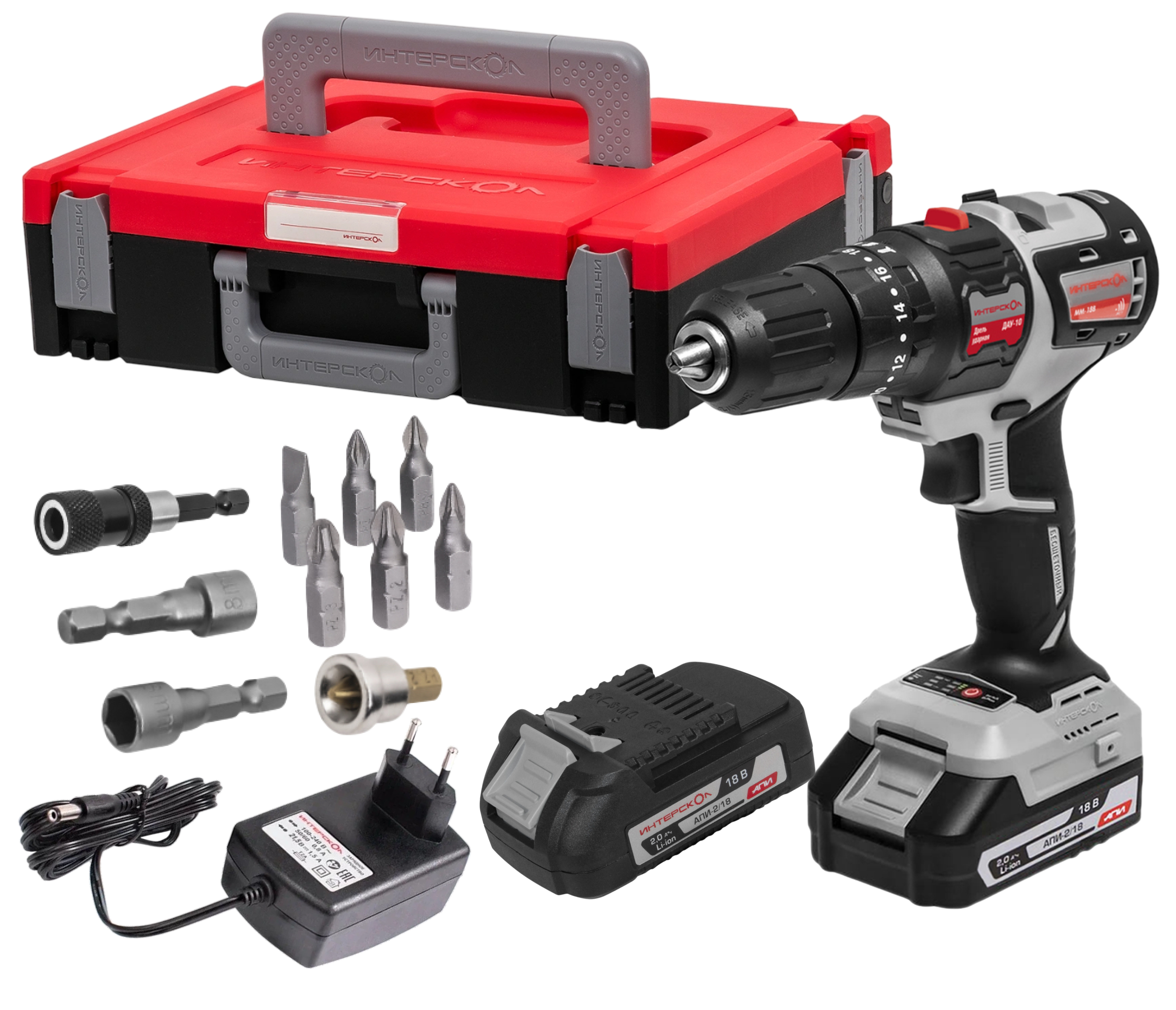 Дрель-шуруповерт ИНТЕРСКОЛ ДАУ-10/18В 44, 18 В, 1650 об/мин, 21000 уд/мин, c 2 АКБ 2 Ач и ЗУ, в кейсе + биты (755.2.2.47)