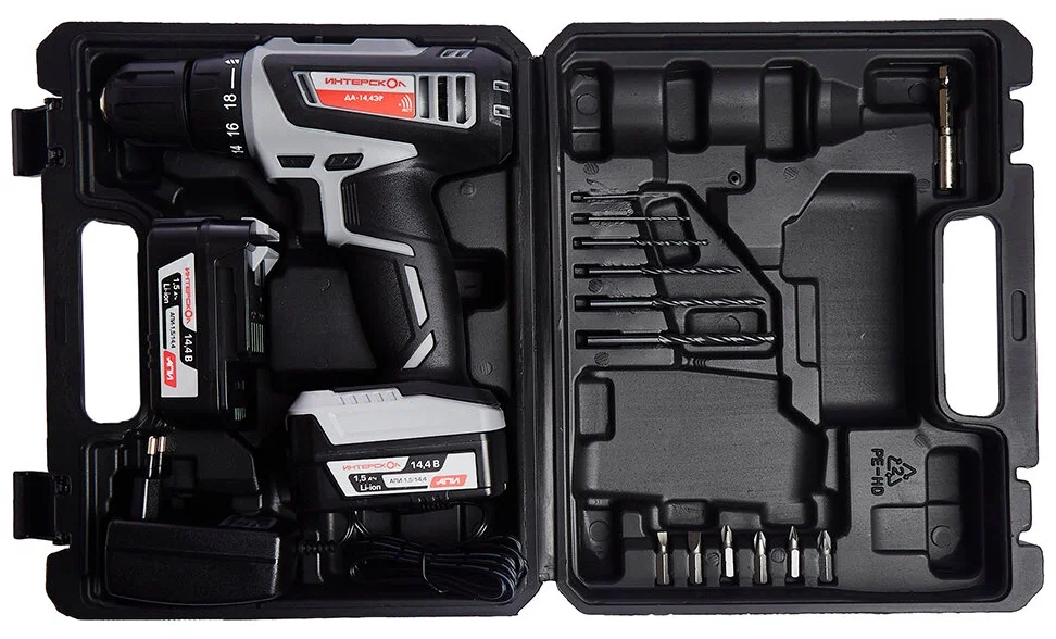 Аккумуляторная дрель-шуруповерт ИНТЕРСКОЛ ДА-14,4ЭР32, 14.4 В, 1400 об/мин, с 2 АКБ 1.5 Ач и ЗУ, в кейсе (596.3.2.23)