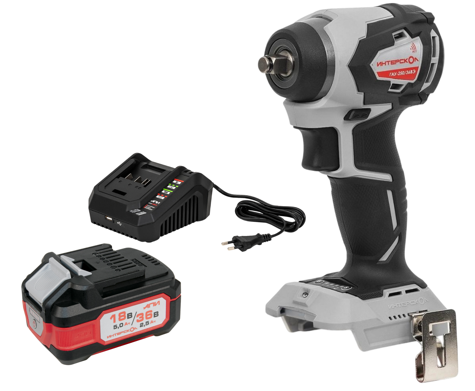 Аккумуляторный ударный гайковерт ИНТЕРСКОЛ ГАУ-250/36ВЭ, 36 В, 250 Нм, 3200 уд/мин, с АКБ 2.5 Ач и ЗУ (863.0.0.70-B25C)