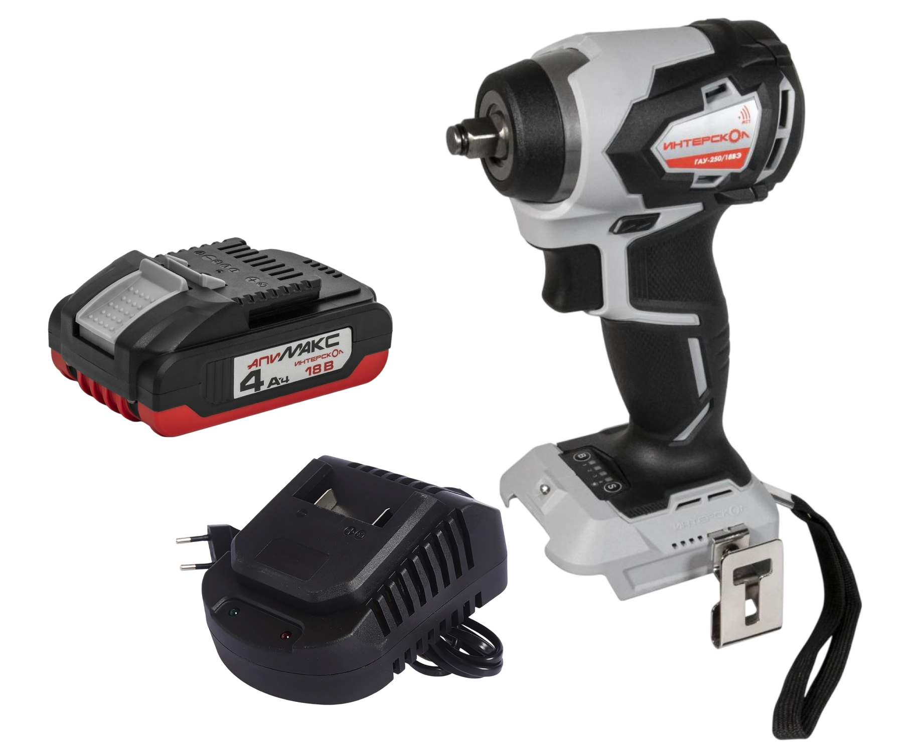 Аккумуляторный ударный гайковерт ИНТЕРСКОЛ ГАУ-250/18ВЭ, 18 В, 250 Нм, 3200 уд/мин, с АКБ 4 Ач и ЗУ (936.0.0.70-B4C)