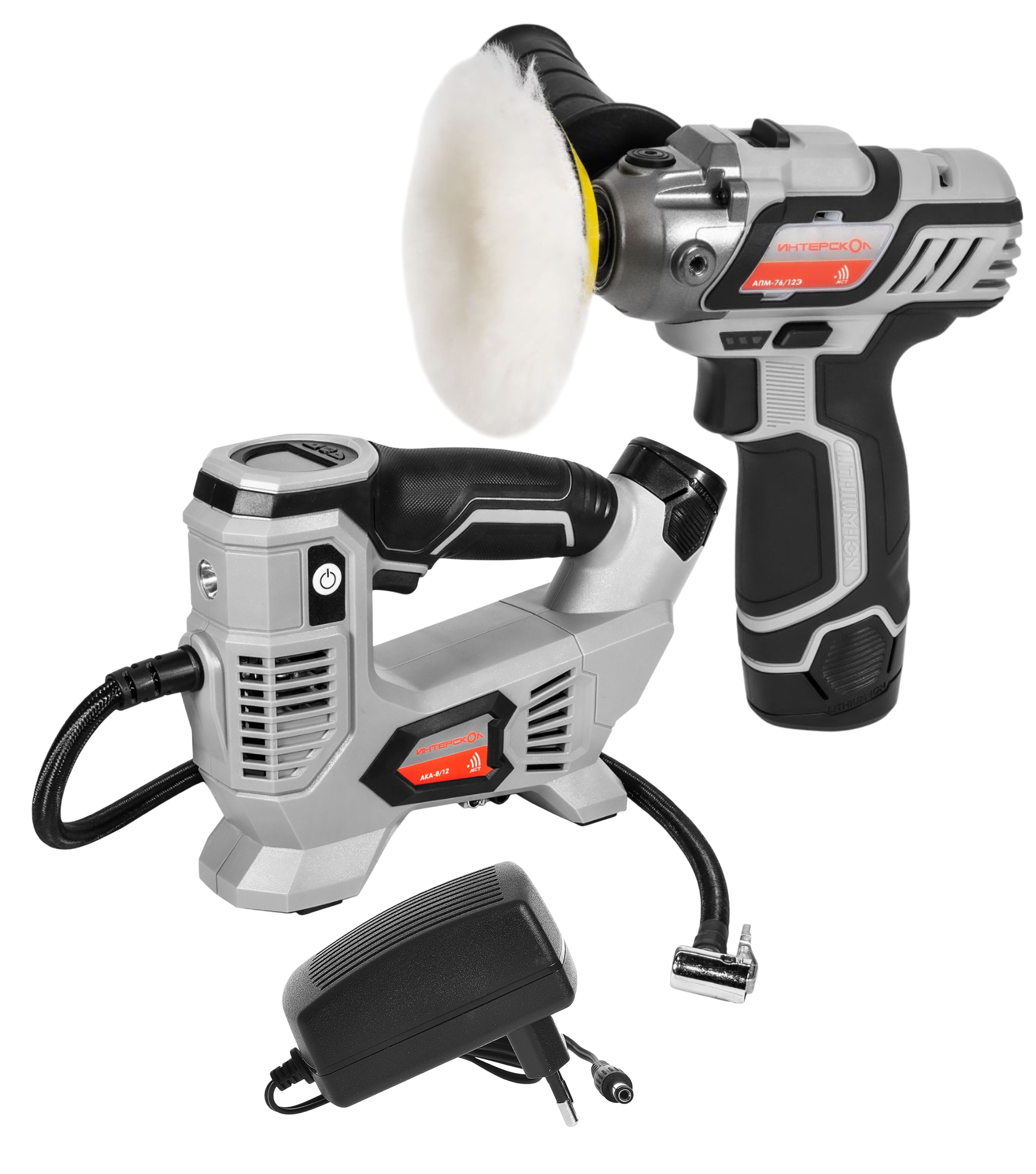 Набор аккумуляторного инструмента ИНТЕРСКОЛ 12 В: полировальная машина АПМ-76/12Э + компрессор АКА-8/12ЭМ, с 2 АКБ 2 Ач и ЗУ
