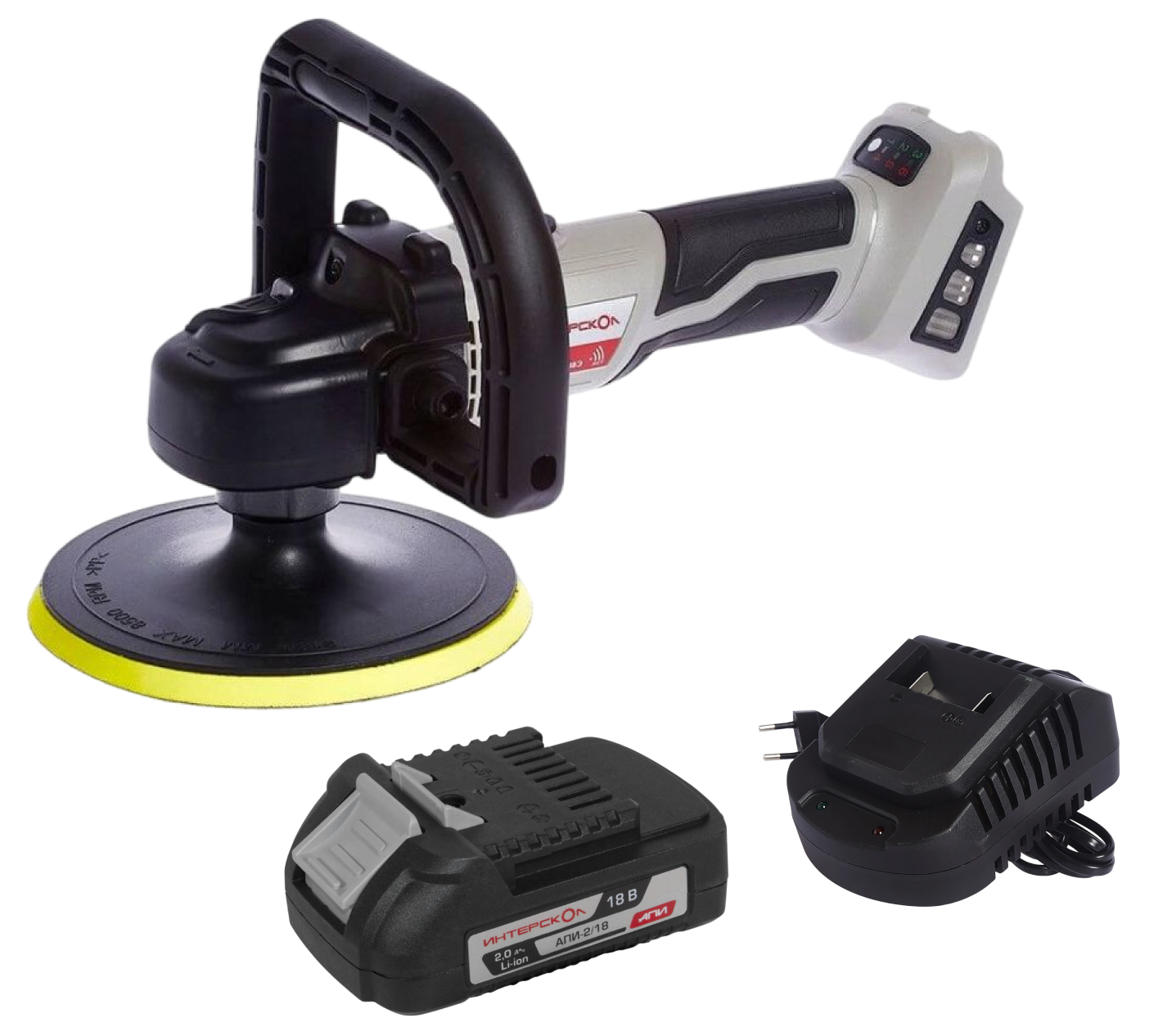 Аккумуляторная полировальная машина ИНТЕРСКОЛ УПМ-180/18ВЭ,, 18 В, 180 мм, 2200 об/мин, с АКБ 2 Ач и ЗУ (642.1.0.70-B2C)