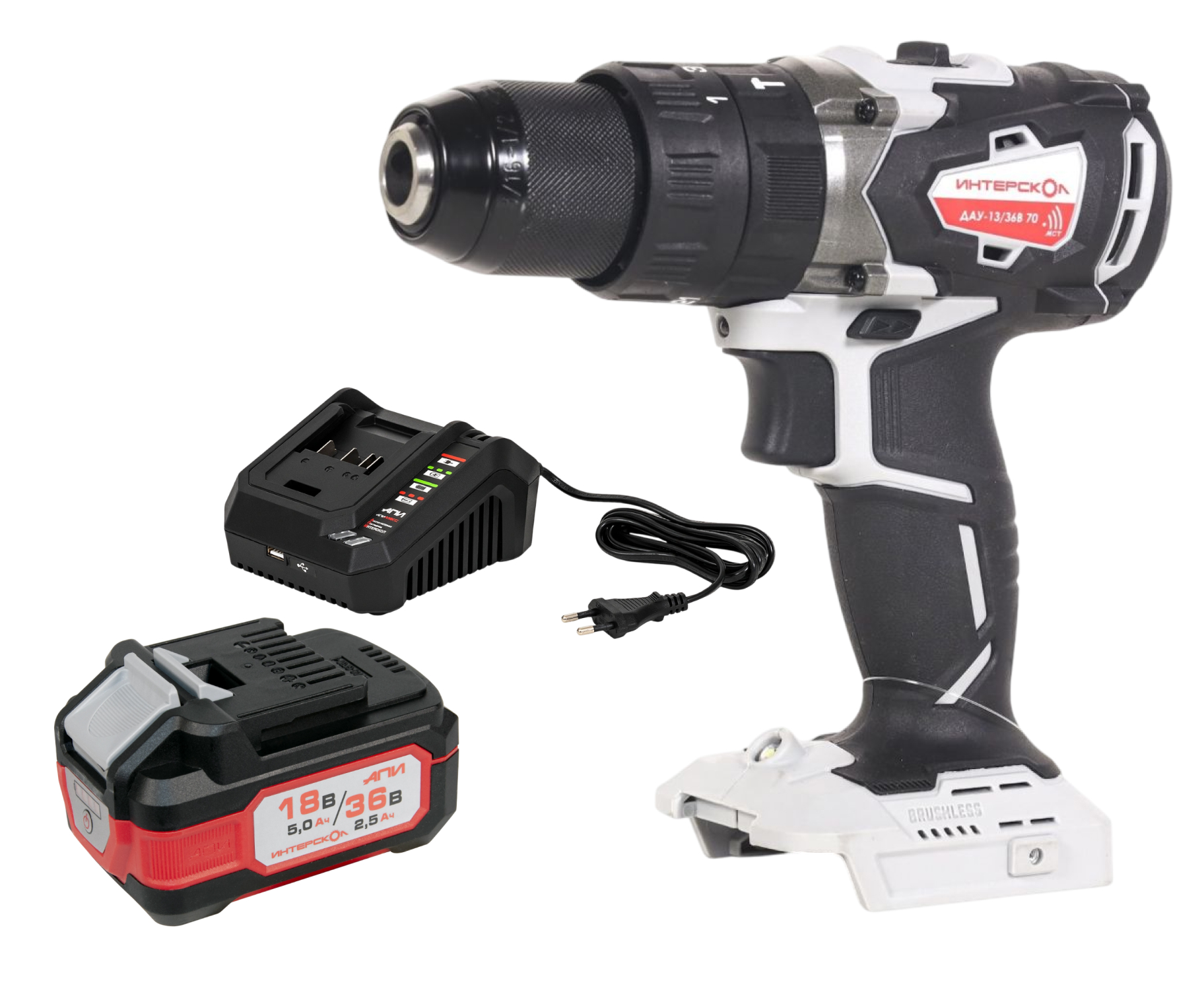 Ударная дрель-шуруповерт ИНТЕРСКОЛ ДАУ-13/36В 70, 36 В, 1900 об/мин, 30000 уд/мин, с АКБ 2.5 Ач и ЗУ (813.0.0.70-B25C)
