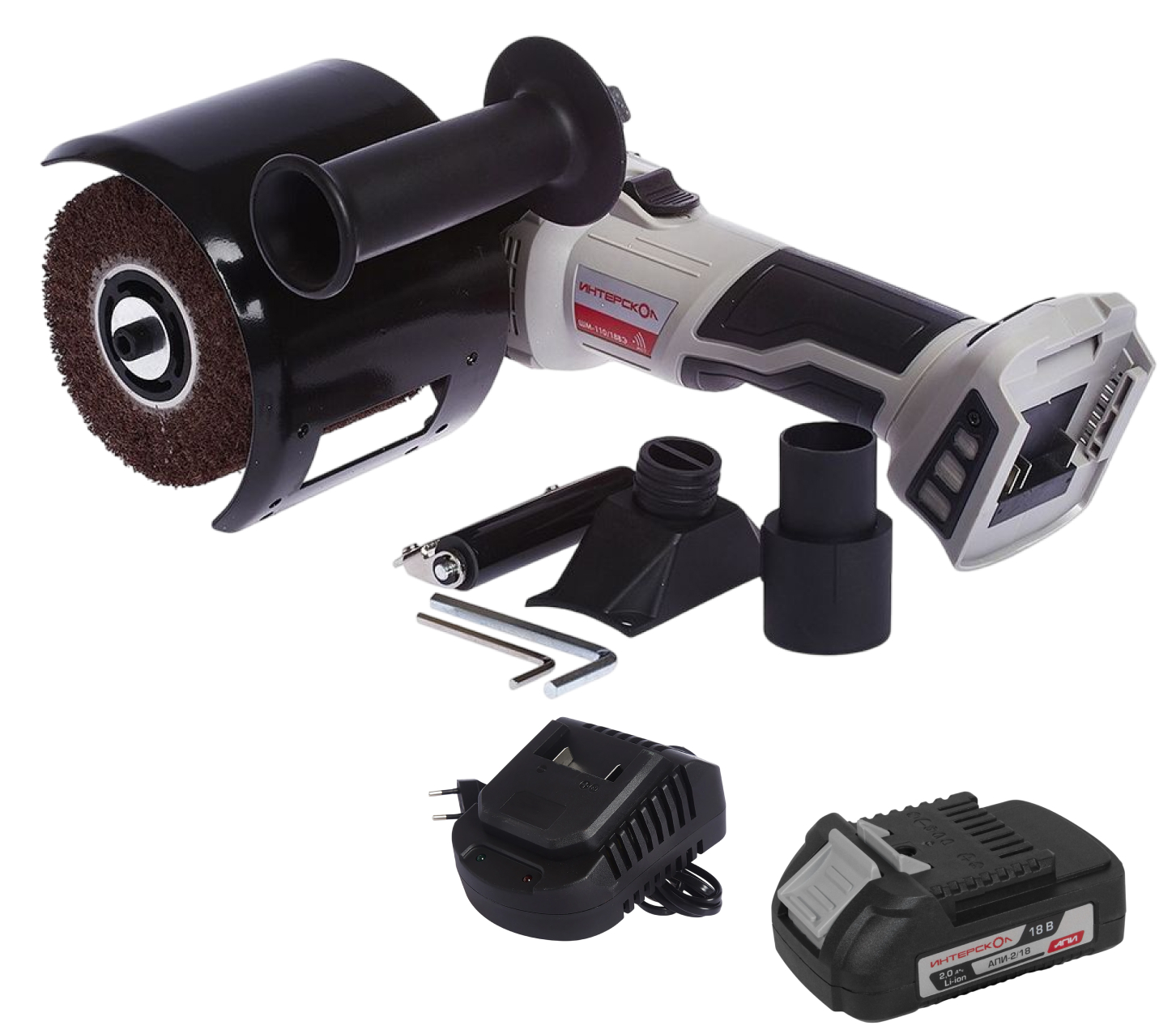 Аккумуляторная шлифовальная машина ИНТЕРСКОЛ ШМ-110/18ВЭ, 18 В, 110 мм, 2200 об/мин, с АКБ 2 Ач и ЗУ (645.1.0.70-B2C)