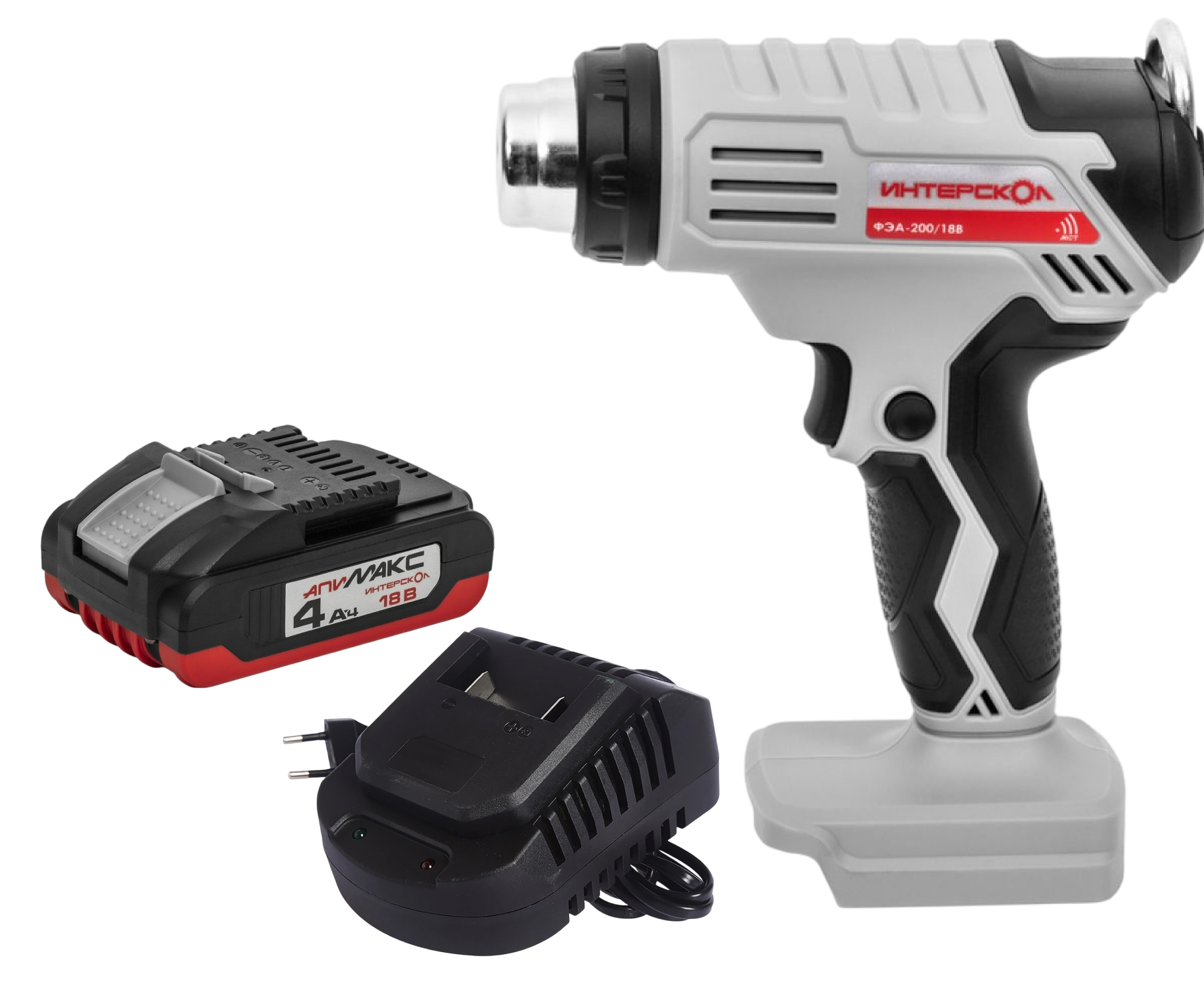 Бесщеточный аккумуляторный строительный фен ИНТЕРСКОЛ ФЭА-200/18В, 550°С, 200 л/мин, с АКБ 4 Ач и ЗУ, 764.0.0.70