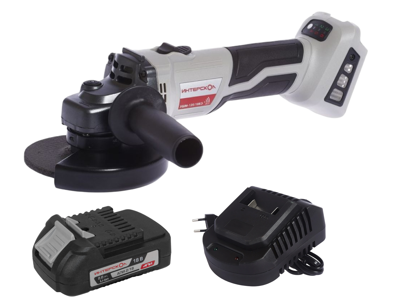 Аккумуляторная угловая шлифмашина ИНТЕРСКОЛ УШМ-125/18ВЭ, 18 В, 125 мм, 8500 об/мин, с АКБ 2 Ач и ЗУ (684.1.0.70-B2C)