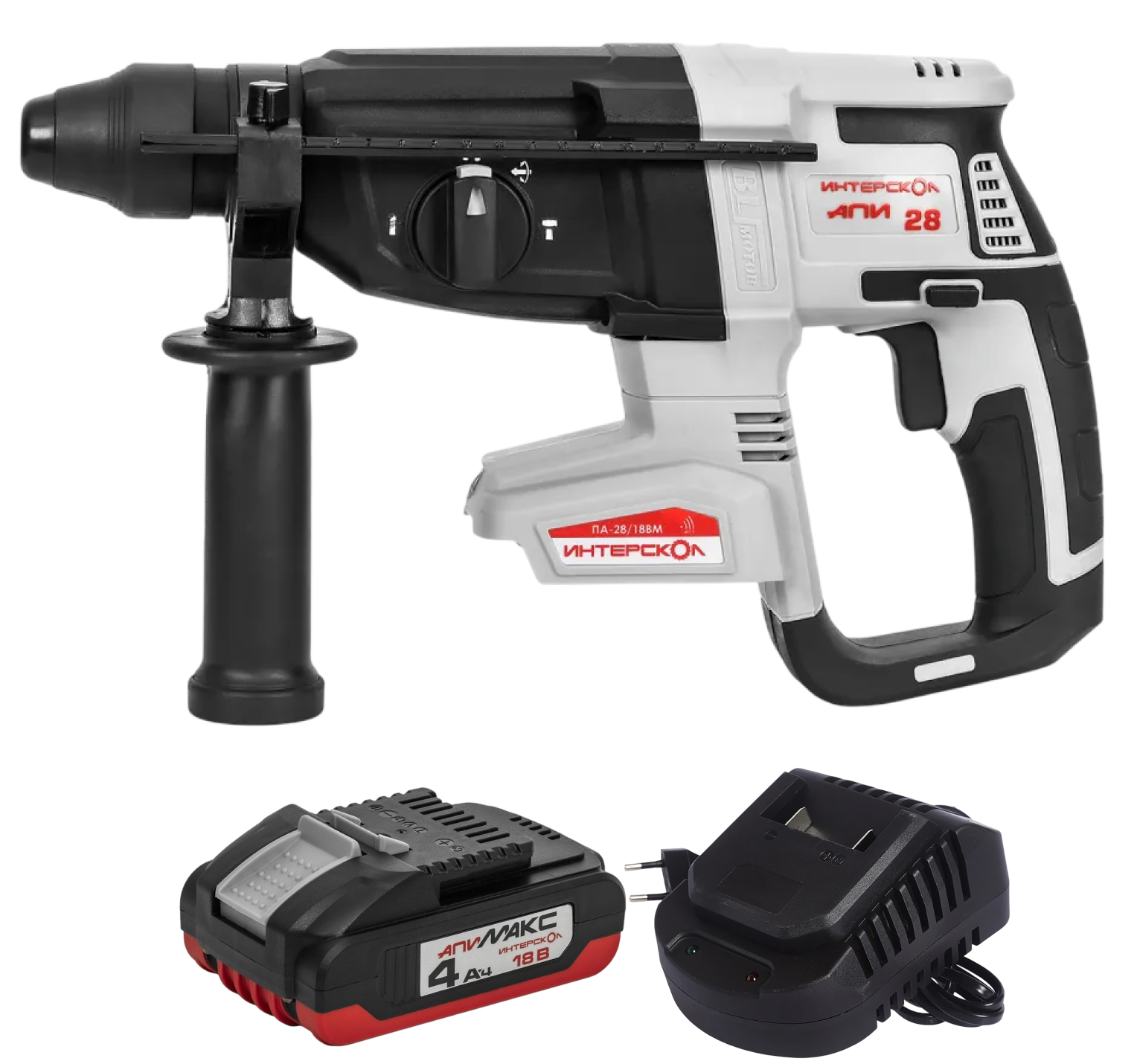 Аккумуляторный перфоратор ИНТЕРСКОЛ ПА-28/18ВM, 18 В, 2.8 Дж, 5300 уд/мин, с АКБ 4 Ач и ЗУ, в кейсе (732.0.0.70-B4C)