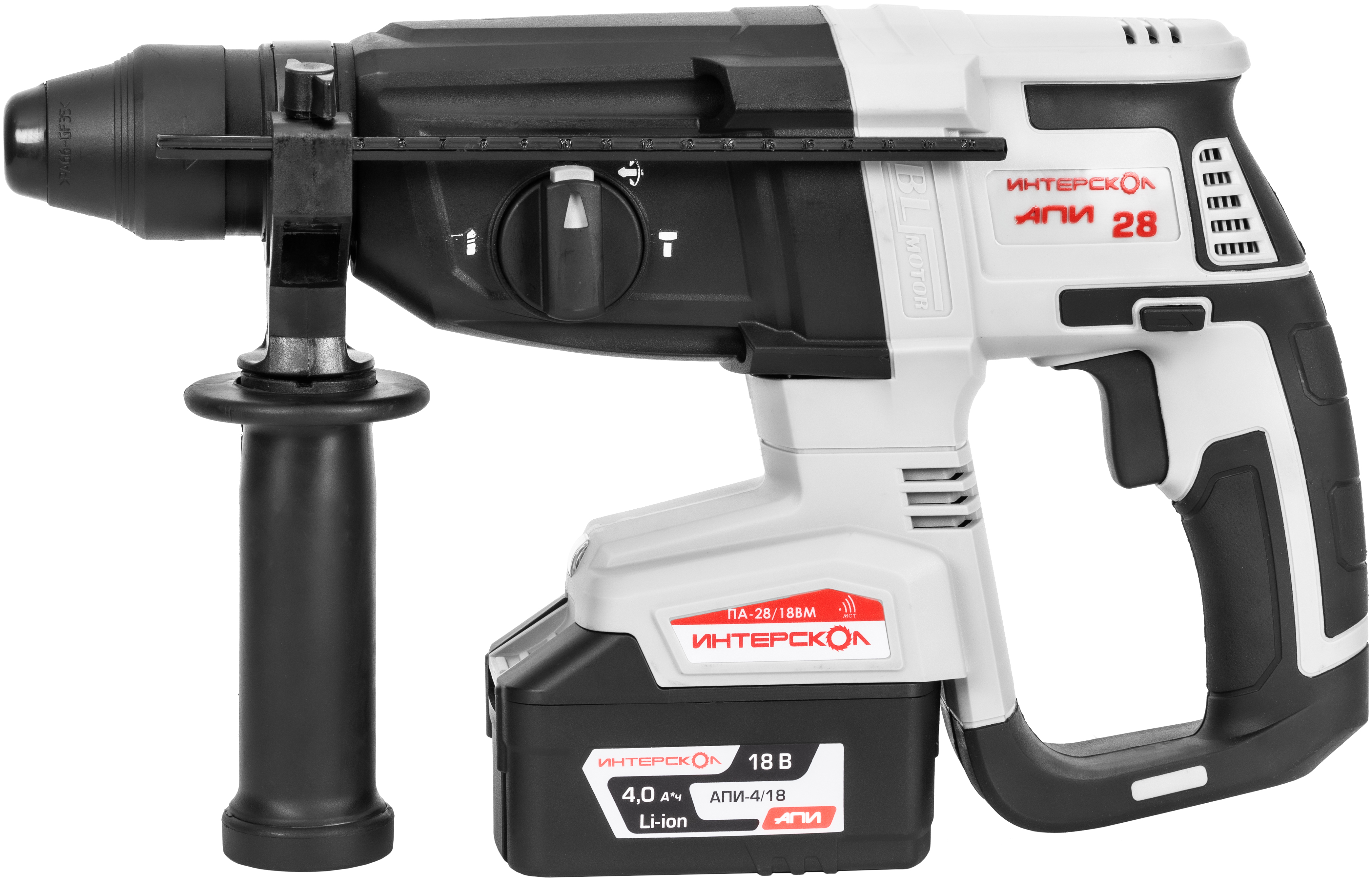 Аккумуляторный перфоратор ИНТЕРСКОЛ ПА-28/18ВM, 18 В, 2.8 Дж, 5300 уд/мин, с АКБ 4 Ач и ЗУ, в кейсе МультиБокс (732.4.1.70)
