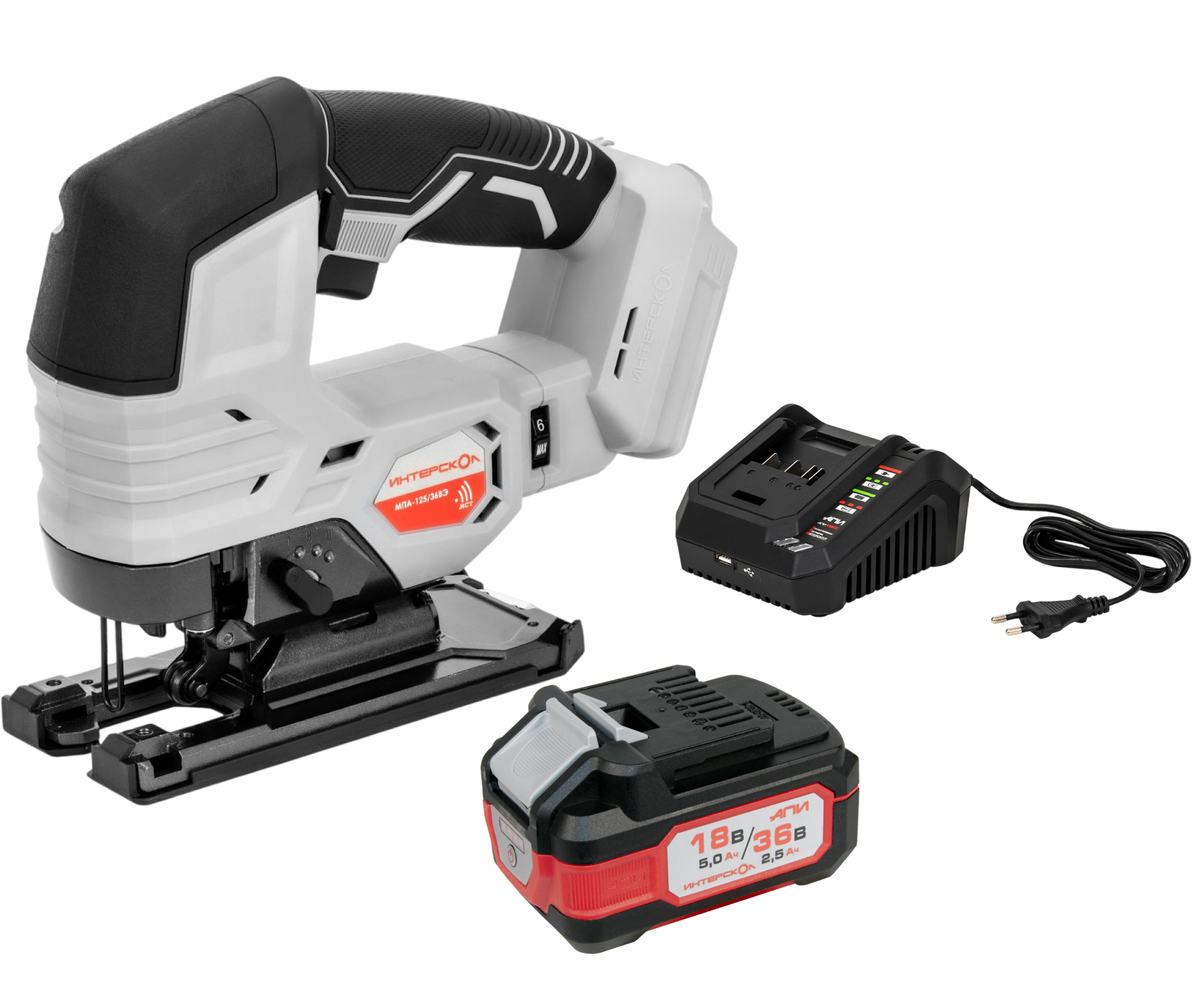 Аккумуляторный лобзик ИНТЕРСКОЛ МПА-125/36ВЭ, 36 В, 3000 ход/мин, 26 мм, с АКБ 2.5 Ач и ЗУ (822.0.0.70-B25C)