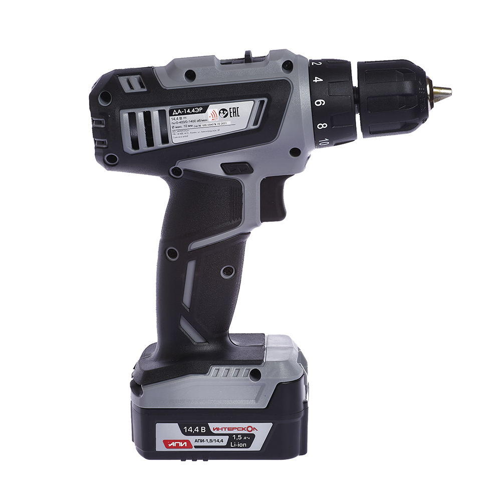 Аккумуляторная дрель-шуруповерт ИНТЕРСКОЛ ДА-14,4ЭР, 14.4 В, 1400 об/мин, с 2 АКБ 1.5 Ач и ЗУ, в кейсе (535.0.2.01)