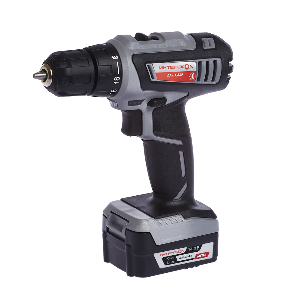 Аккумуляторная дрель-шуруповерт ИНТЕРСКОЛ ДА-14,4ЭР, 14.4 В, 1400 об/мин, с 2 АКБ 2 Ач и ЗУ, в кейсе (535.0.2.02)