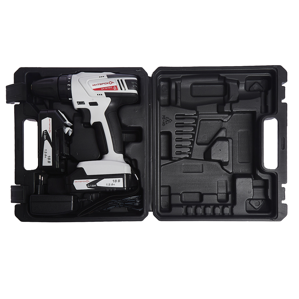 Аккумуляторная дрель-шуруповерт ИНТЕРСКОЛ ДА-10/14,4Л2, 14.4 В, 1350 об/мин, с 2 АКБ 1.5 Ач и ЗУ, в кейсе (425.0.2.00)