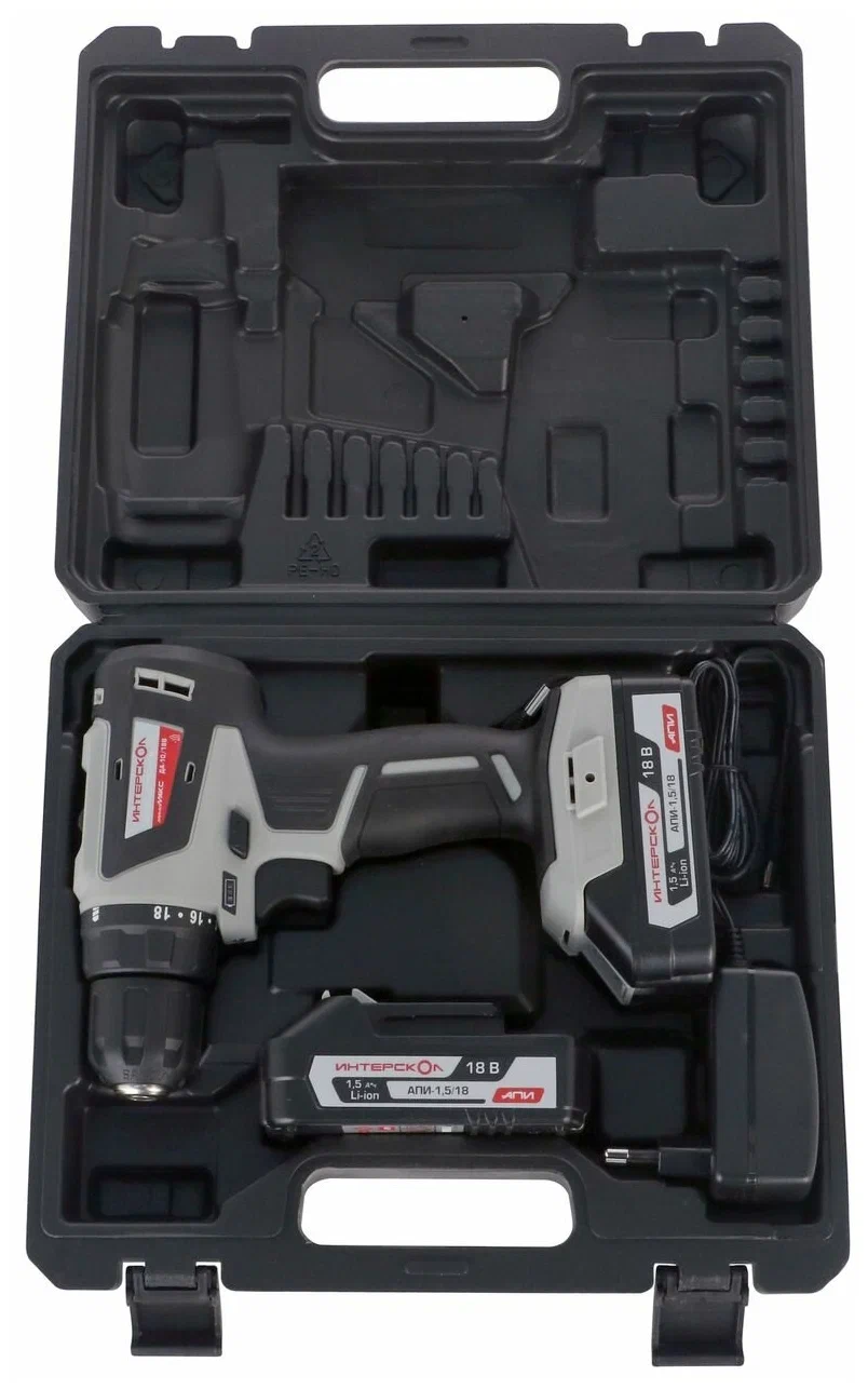 Аккумуляторная дрель-шуруповерт ИНТЕРСКОЛ ДА-10/18В 42, 18 В, 1500 об/мин, с 2 АКБ 1.5 Ач и ЗУ, в кейсе (709.1.2.70)