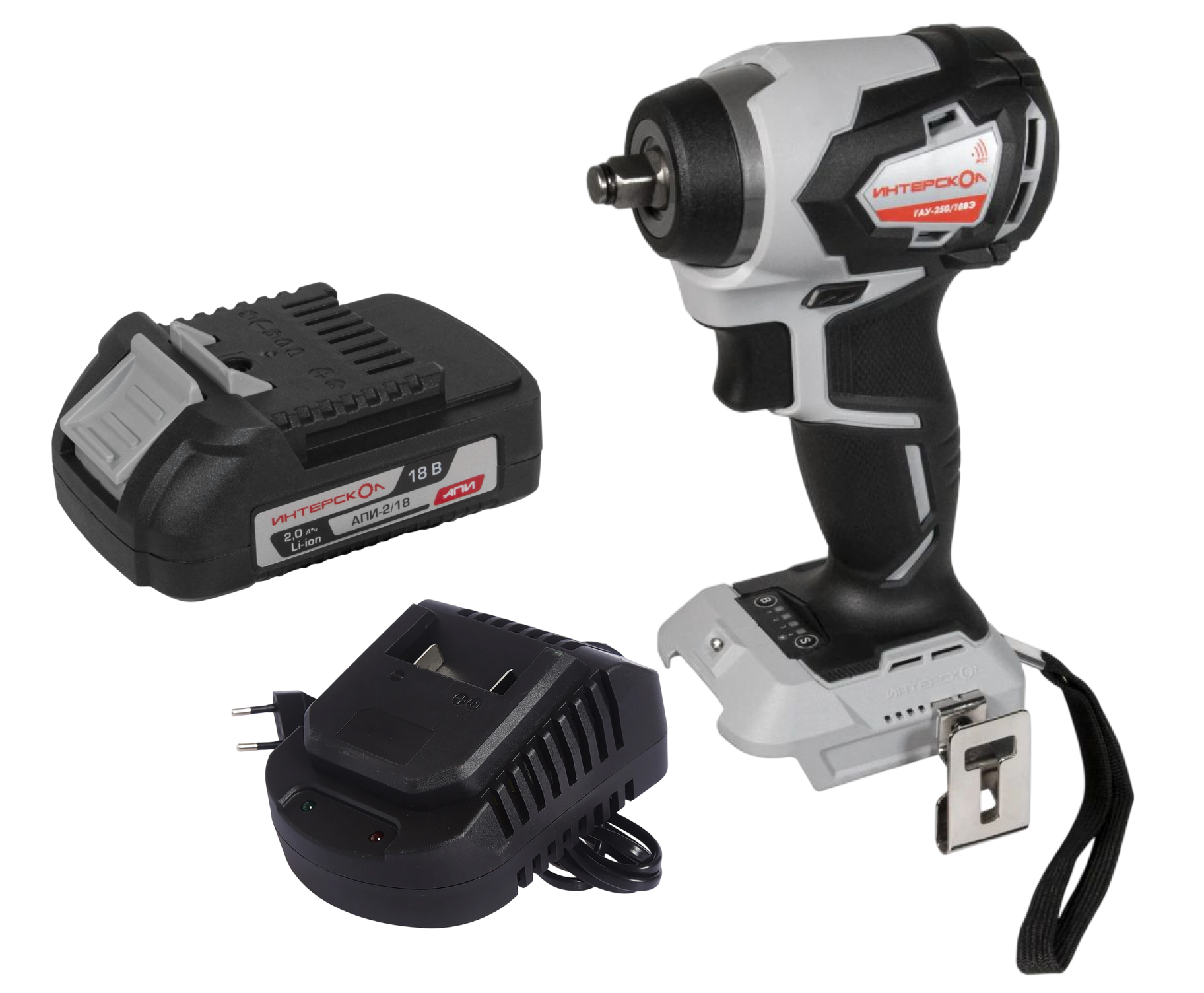 Аккумуляторный ударный гайковерт ИНТЕРСКОЛ ГАУ-250/18ВЭ, 18 В, 250 Нм, 3200 уд/мин, с АКБ 2 Ач и ЗУ (936.0.0.70-B2C)