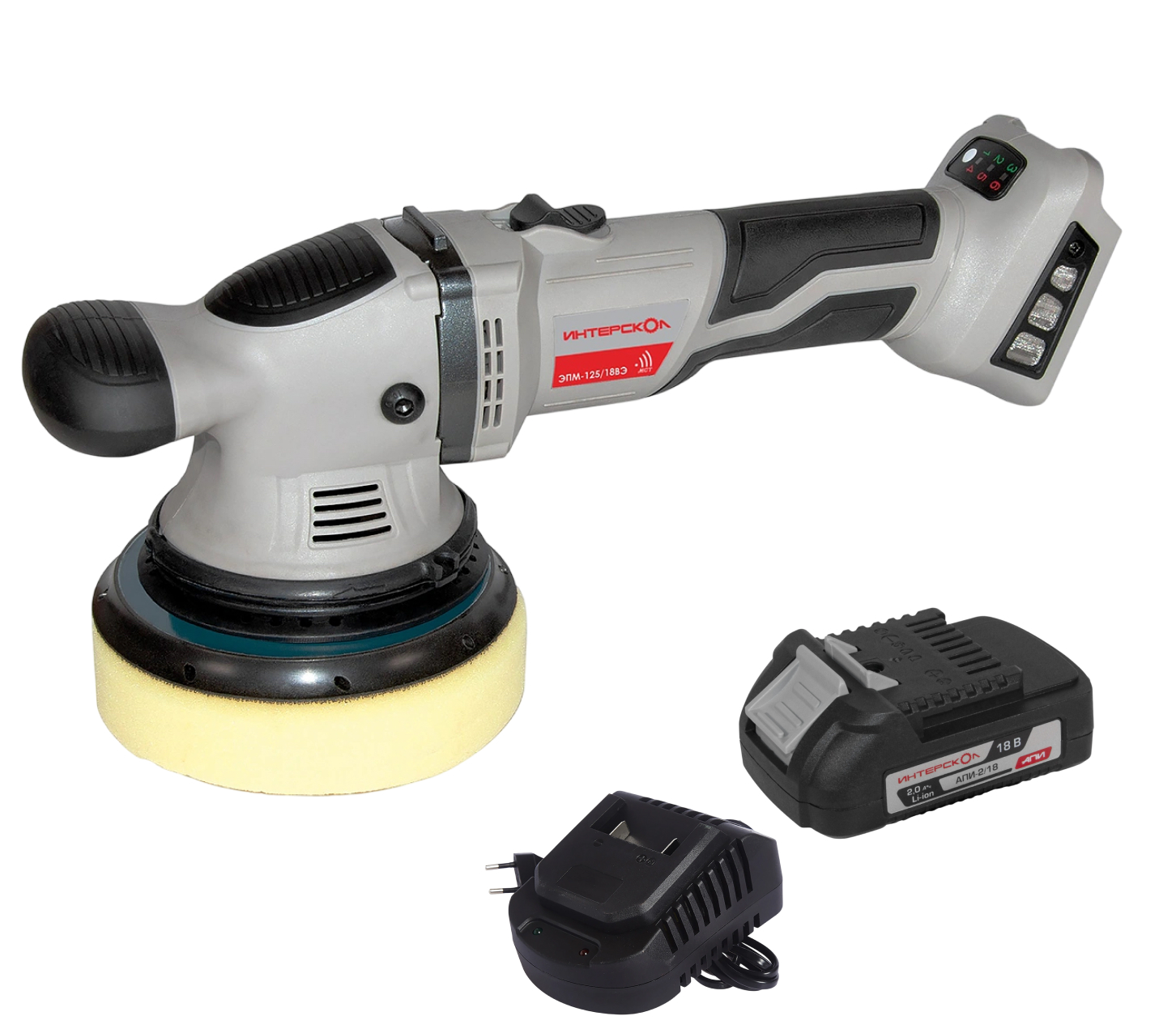 Аккумуляторная полировальная машина ИНТЕРСКОЛ ЭПМ-125/18ВЭ, 18 В, 125 мм, 4800 об/мин, с АКБ 2 Ач и ЗУ (690.1.0.70-B2C)