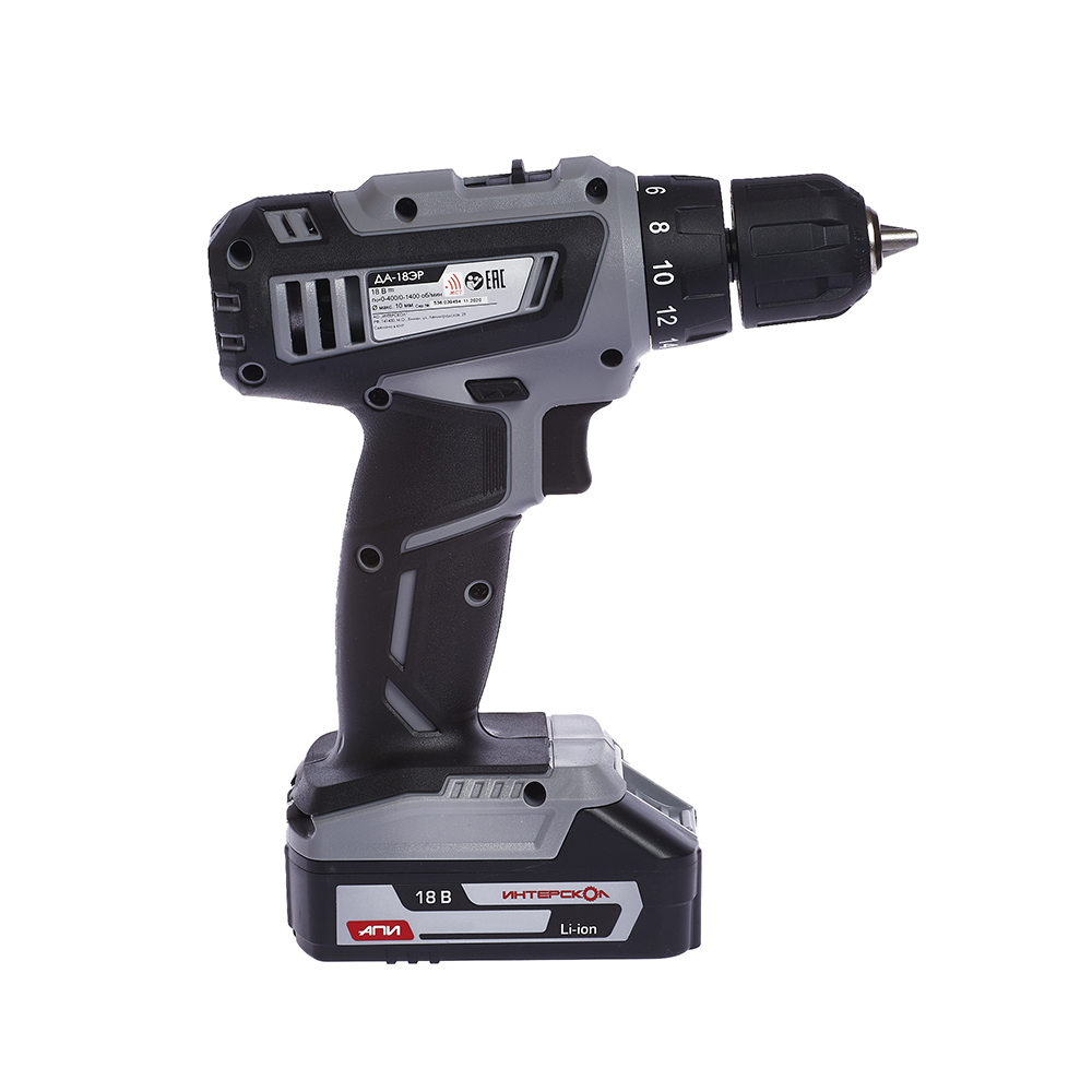 Аккумуляторная дрель-шуруповерт ИНТЕРСКОЛ ДА-18ЭР, 18 В, 1400 об/мин, с 2 АКБ 2 Ач и ЗУ, в кейсе (536.0.2.02)
