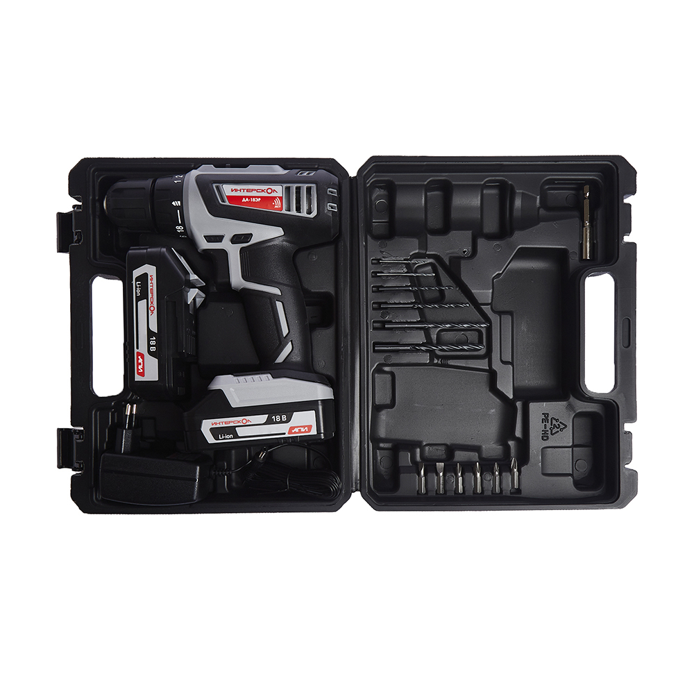 Аккумуляторная дрель-шуруповерт ИНТЕРСКОЛ ДА-18ЭР, 18 В, 1400 об/мин, с 2 АКБ 2 Ач и ЗУ, в кейсе (536.0.2.02)