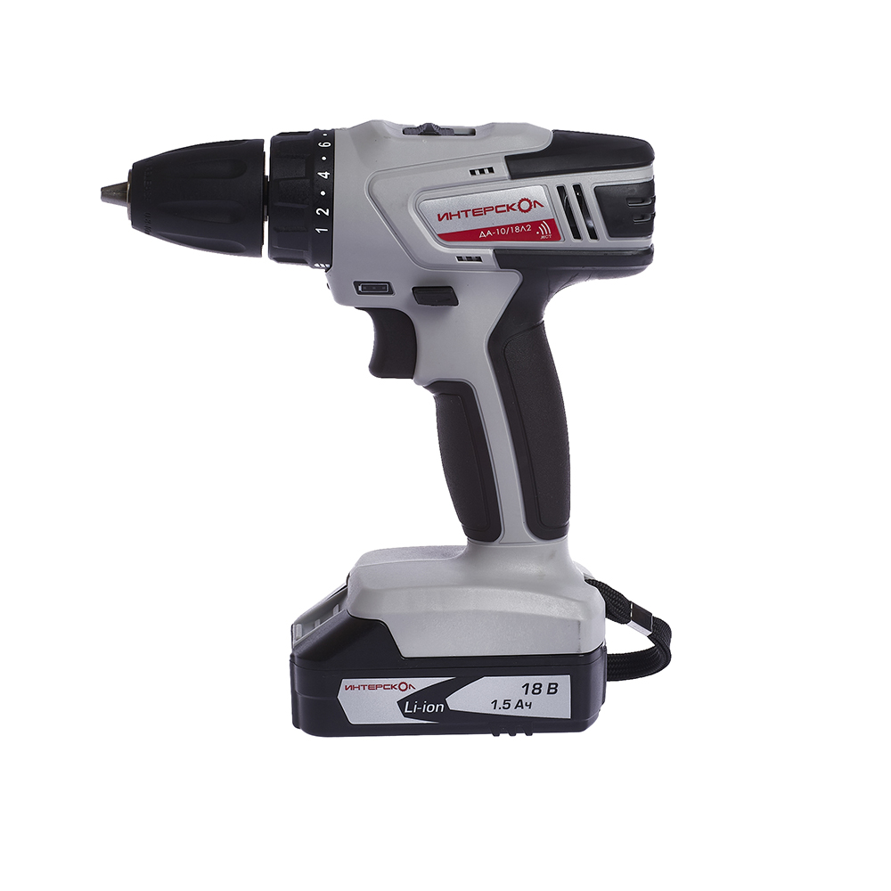 Аккумуляторная дрель-шуруповерт ИНТЕРСКОЛ ДА-10/18Л2, АПИ 18 В, 34 Н·м, 1350 об/мин, c 2 АКБ 1.5 Ач и ЗУ, в кейсе, 518.0.2.00