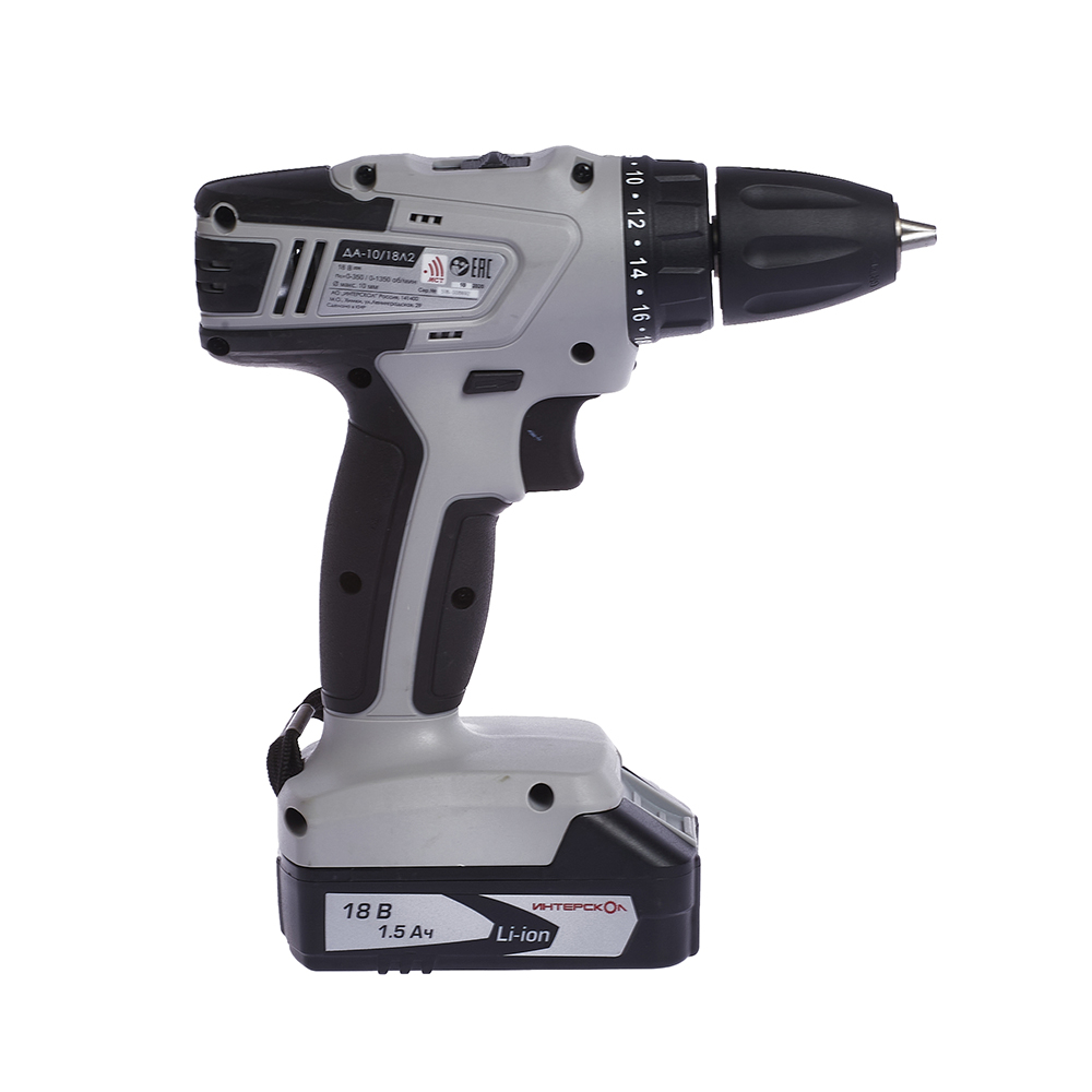 Аккумуляторная дрель-шуруповерт ИНТЕРСКОЛ ДА-10/18Л2, АПИ 18 В, 34 Н·м, 1350 об/мин, c 2 АКБ 1.5 Ач и ЗУ, в кейсе, 518.0.2.00