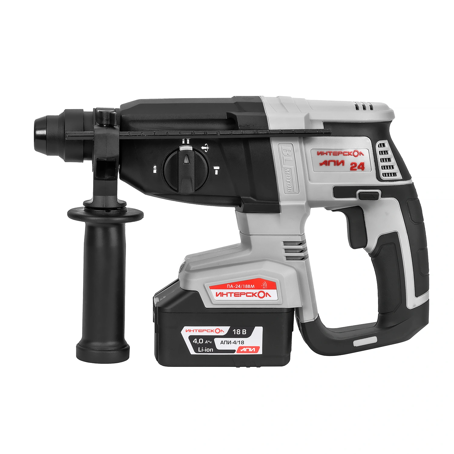 Аккумуляторный перфоратор ИНТЕРСКОЛ ПА-24/18ВM, 18 В, 2.6 Дж, 5300 уд/мин, с 2 АКБ 2 Ач и ЗУ (730.2.2.70)