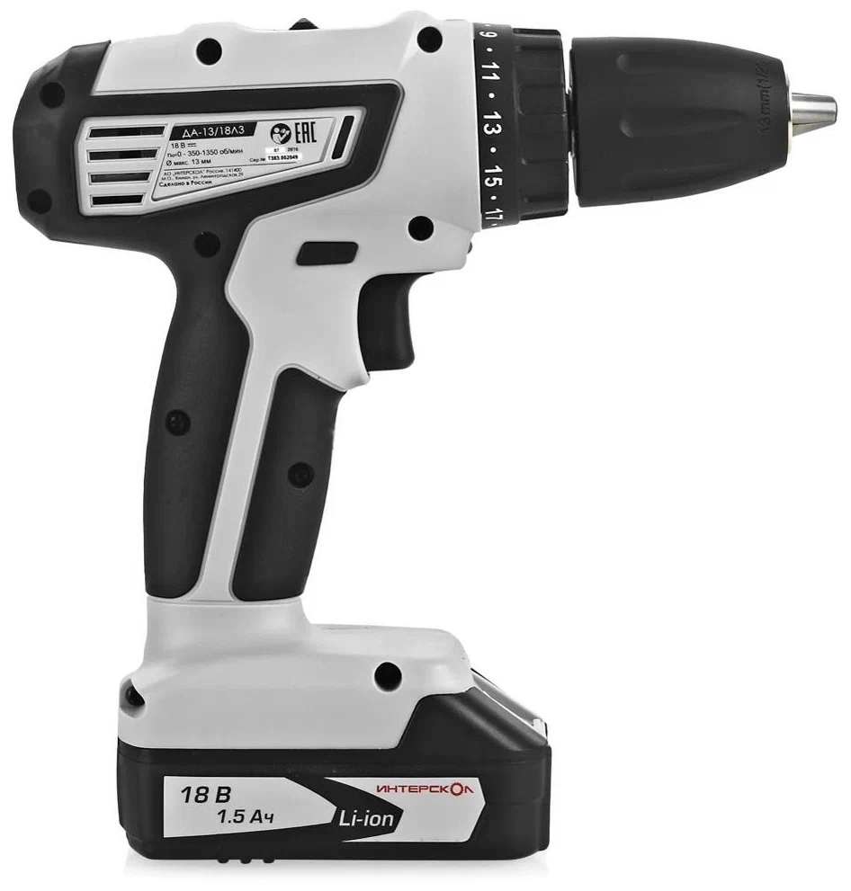 Аккумуляторная дрель-шуруповерт ИНТЕРСКОЛ ДА-13/18Л3, 18 В, 1350 об/мин, с 2 АКБ 1.5 Ач и ЗУ, в кейсе (384.0.2.00)