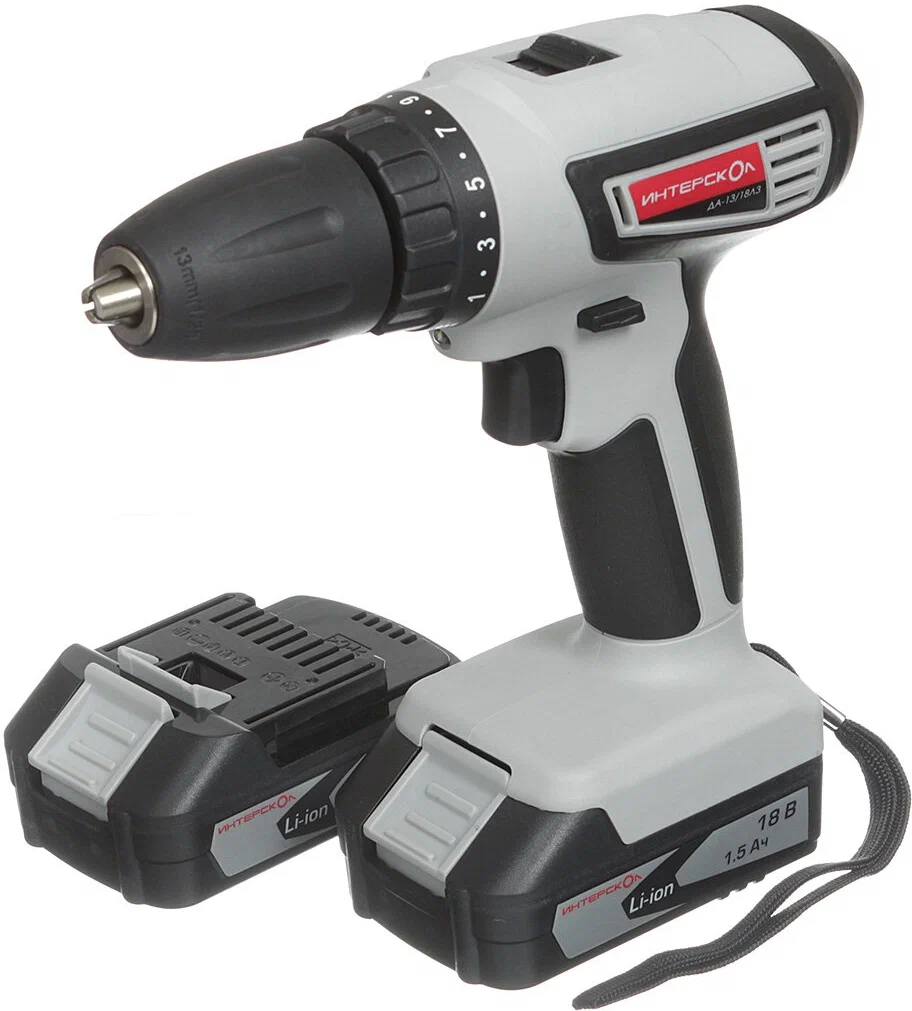 Аккумуляторная дрель-шуруповерт ИНТЕРСКОЛ ДА-13/18Л3, 18 В, 1350 об/мин, с 2 АКБ 1.5 Ач и ЗУ, в кейсе (384.0.2.00)