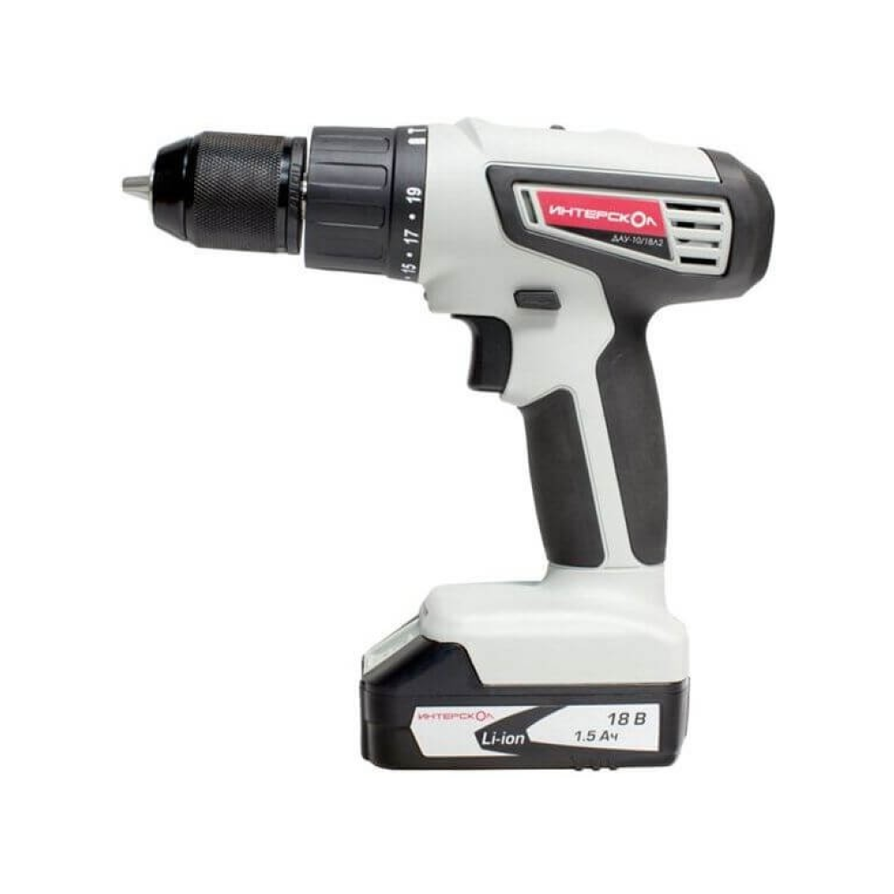 Дрель-шуруповерт ИНТЕРСКОЛ ДАУ-10/18Л2, 18 В, 1400 об/мин, 17550 уд/мин, с 2 АКБ 1.5 Ач и ЗУ, в кейсе (526.0.2.00)