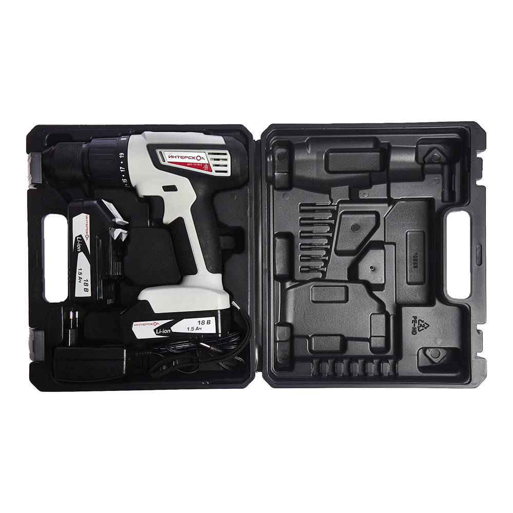 Дрель-шуруповерт ИНТЕРСКОЛ ДАУ-10/18Л2, 18 В, 1400 об/мин, 17550 уд/мин, с 2 АКБ 1.5 Ач и ЗУ, в кейсе (526.0.2.00)