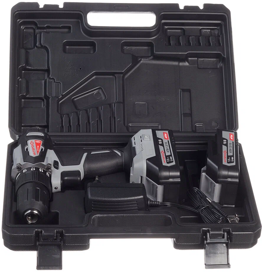 Аккумуляторная дрель-шуруповерт ИНТЕРСКОЛ ДА-13/18ВК 45, 18 В, 1700 об/мин, с 2 АКБ 1.5 Ач и ЗУ, в кейсе (575.1.2.70)