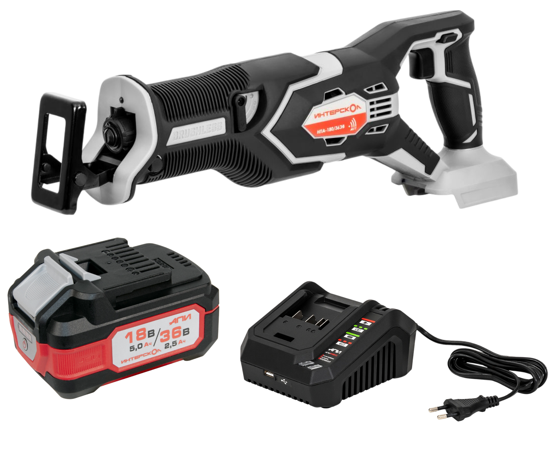 Аккумуляторная сабельная пила ИНТЕРСКОЛ НПА-200/36В, 36 В, 3000 ход/мин, 26 мм, с АКБ 2.5 Ач и ЗУ (833.0.0.70-B25C)