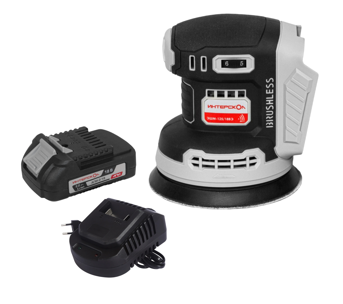 Эксцентриковая шлифмашина ИНТЕРСКОЛ ЭШМ-125/18ВЭ 2,0, 18 В, 125 мм, 20000 кол/мин, с АКБ 2 Ач и ЗУ