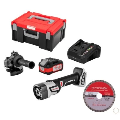 Угловая шлифмашина ИНТЕРСКОЛ УШМ-125/36ММ, 36 В, 125 мм, 8500 об/мин, с АКБ 2 Ач и ЗУ, в кейсе + Оснастка (900.4.1.42)