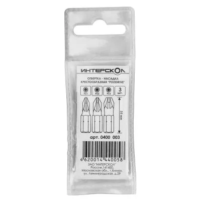 Бита ИНТЕРСКОЛ PZ1/PZ2/PZ3, 25 мм хвостовик 1/4", 3 шт. (0400.003)