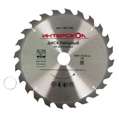 Диск пильный по дереву ИНТЕРСКОЛ 24 зуба, 250х32 мм (1201.042)